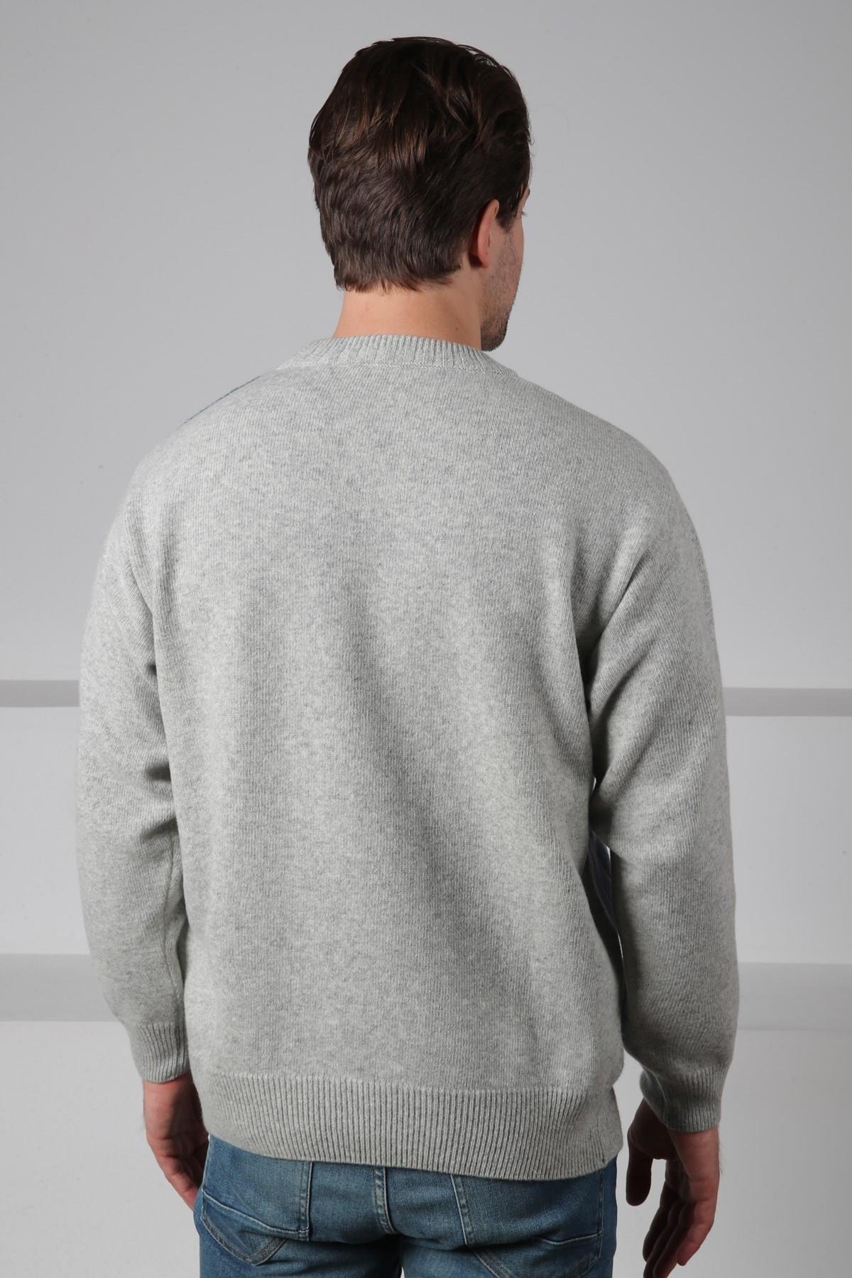 Ferraro A.Gri/Havacı Bisiklet Yaka Havacı ve İndigo Detaylı Uzun Kollu %100 Kuzu Yünü Erkek Triko Kazak