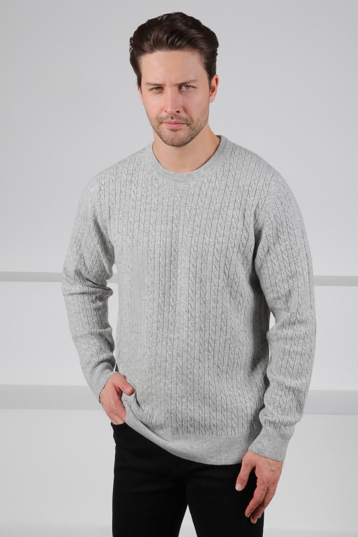 Ferraro A.Gri Bisiklet Yaka Kabartmalı Saç Örgü Desenli Uzun Kollu %100 Kuzu Yünü Erkek Triko Kazak