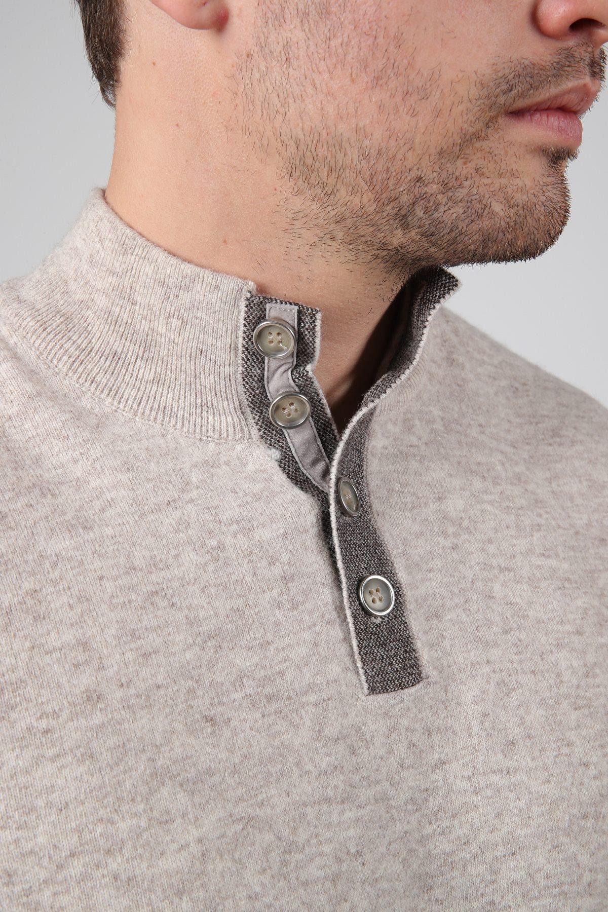 Ferraro A.Bej Düğmeli Yarım Balıkçı Yaka Uzun Kollu %100 Kuzu Yünü Erkek Triko Kazak