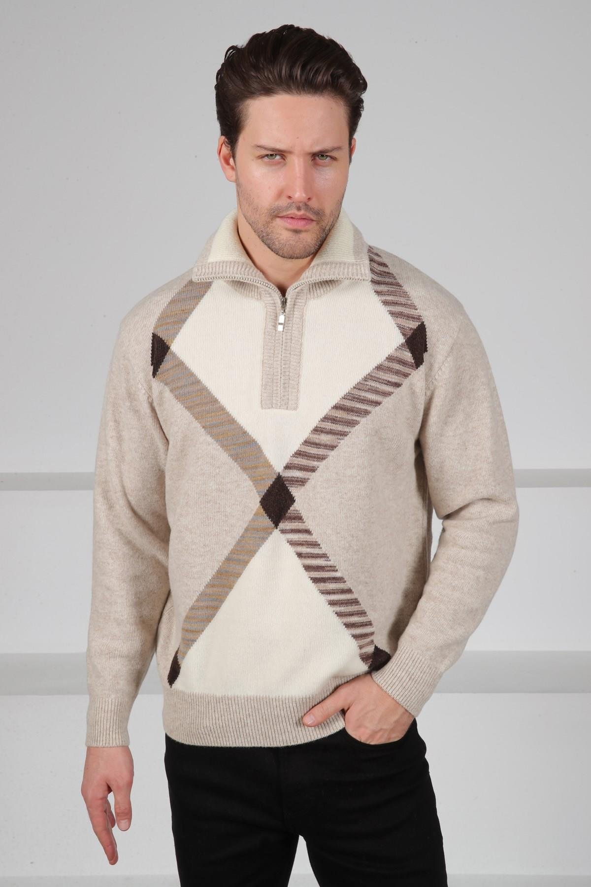 Ferraro A.Bej Balıkçı Yaka Fermuarlı Geometrik Desenli Uzun Kollu %100 Kuzu Yünü Erkek Triko Kazak