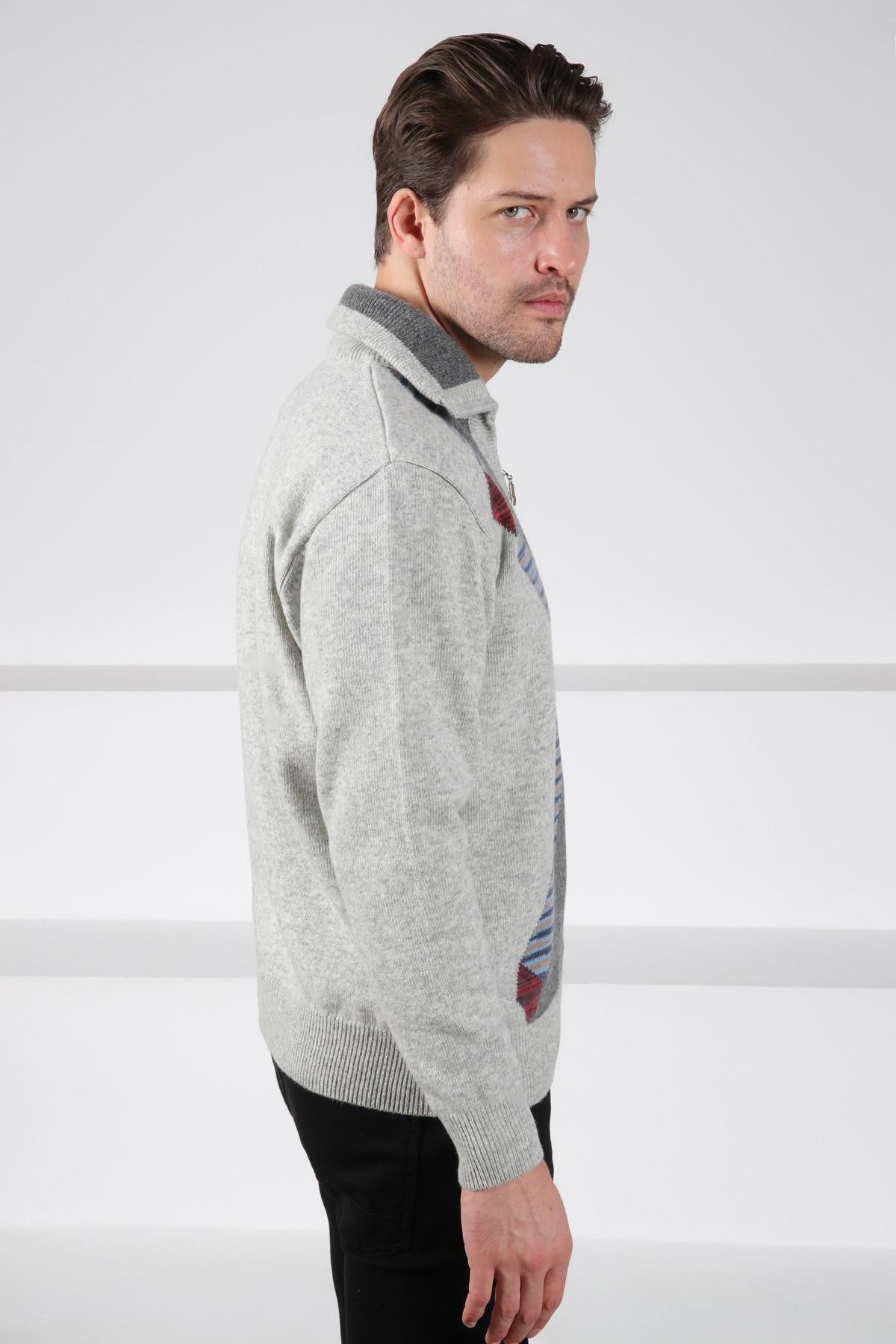 Ferraro A.Gri Balıkçı Yaka Fermuarlı Geometrik Desenli Uzun Kollu %100 Kuzu Yünü Erkek Triko Kazak