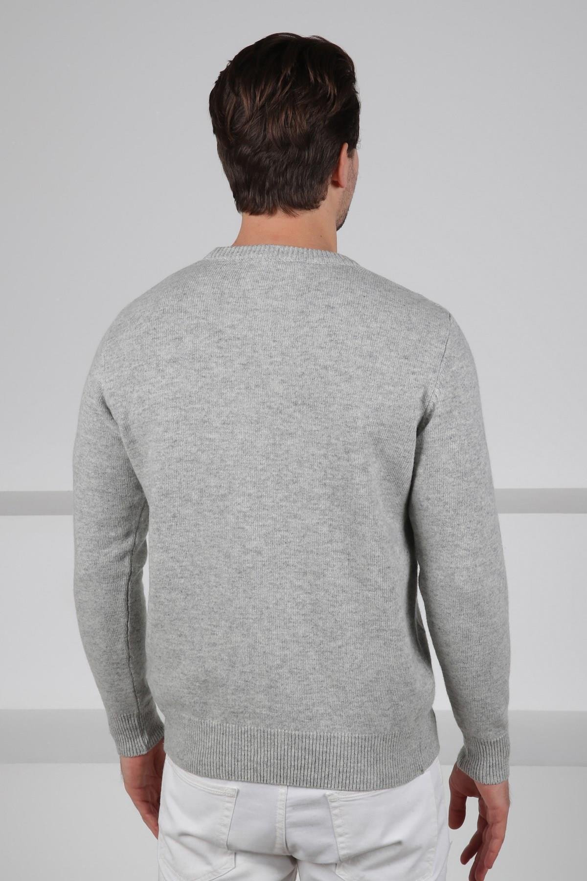 Ferraro A.Gri Bisiklet Yaka Kabartmalı Petek Desenli Uzun Kollu %100 Kuzu Yünü Erkek Triko Kazak