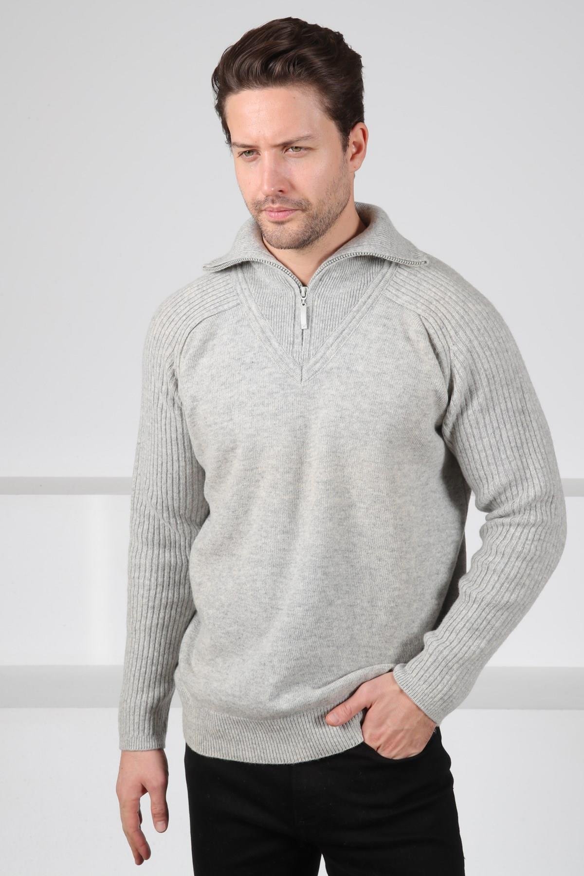 Ferraro A.Gri Balıkçı Yaka Fermuarlı Kolları Fitilli Uzun Kollu Kuzu Yünü Karışımlı Erkek Triko Kazak