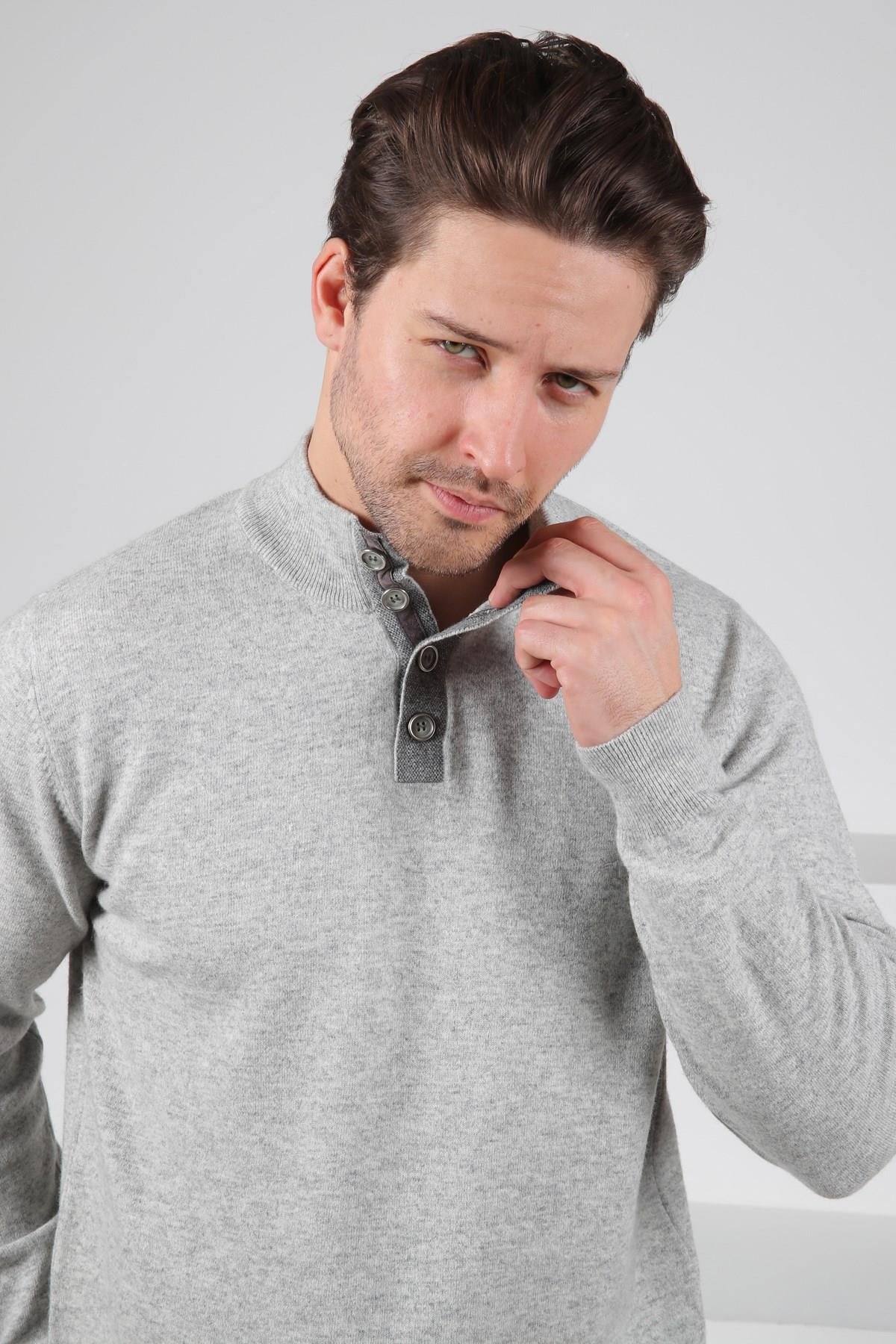 Ferraro A.Gri Düğmeli Yarım Balıkçı Yaka Uzun Kollu %100 Kuzu Yünü Erkek Triko Kazak