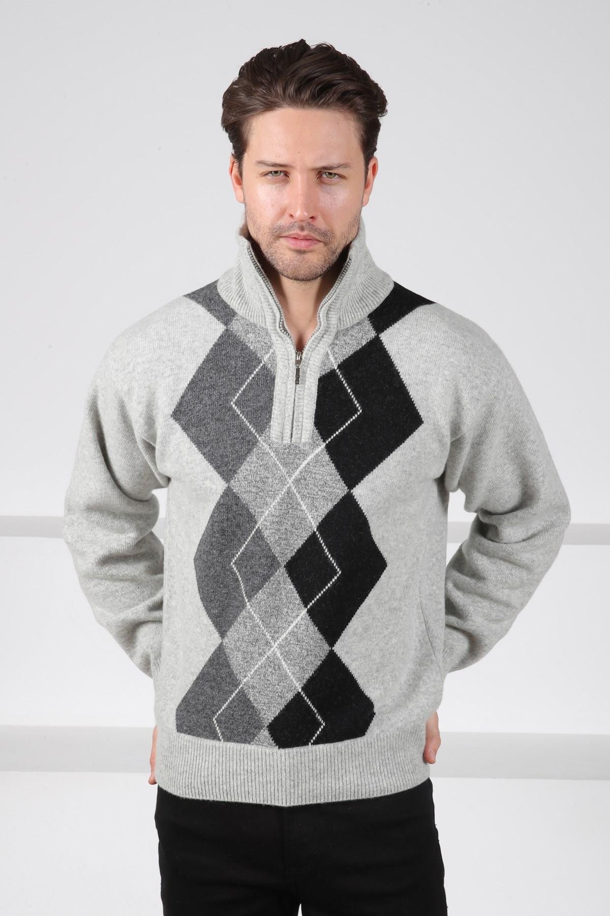 Ferraro A.Gri/Füme Balıkçı Yaka Fermuarlı Geometrik Zigzag Desenli Uzun Kollu %100 Kuzu Yünü Erkek Triko Kazak