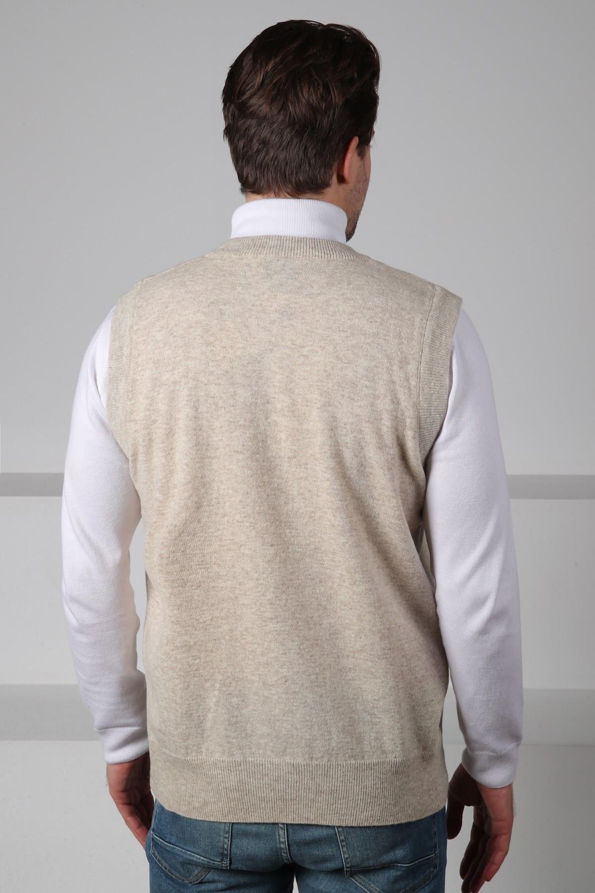 Ferraro A.Bej/Kahve V Yaka Diyagonal Desenli Uzun Kollu %100 Kuzu Yünü Erkek Triko Süveter