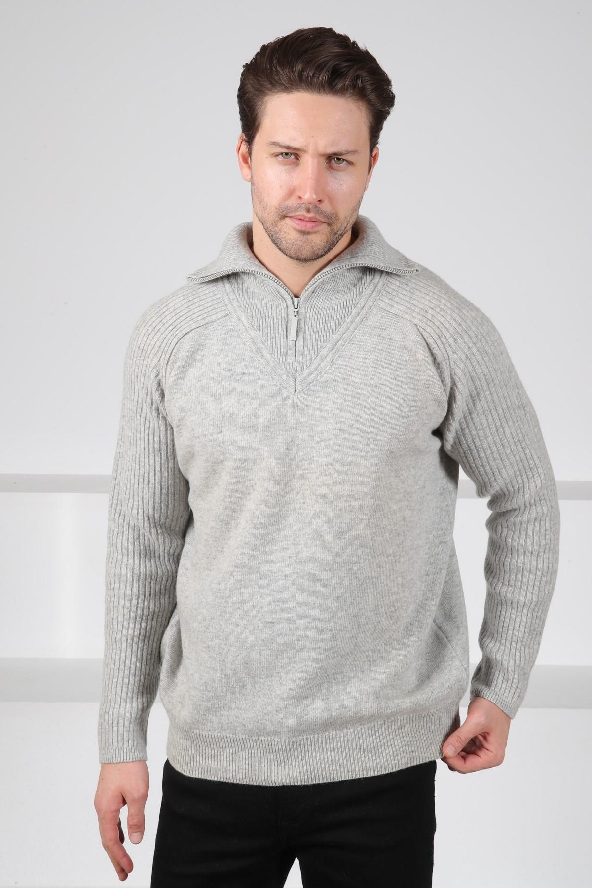 Ferraro A.Gri Balıkçı Yaka Fermuarlı Kolları Fitilli Uzun Kollu Kuzu Yünü Karışımlı Erkek Triko Kazak
