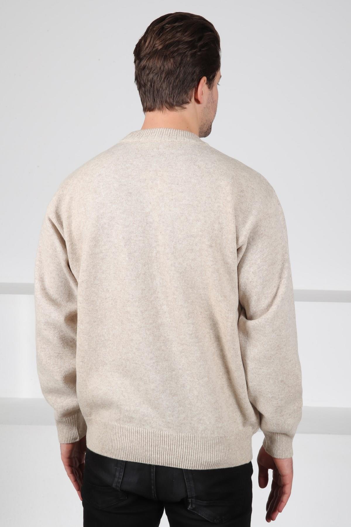 Ferraro A.Bej/Kahve Bisiklet Yaka Renk Bloklu Uzun Kollu %100 Kuzu Yünü Erkek Triko Kazak