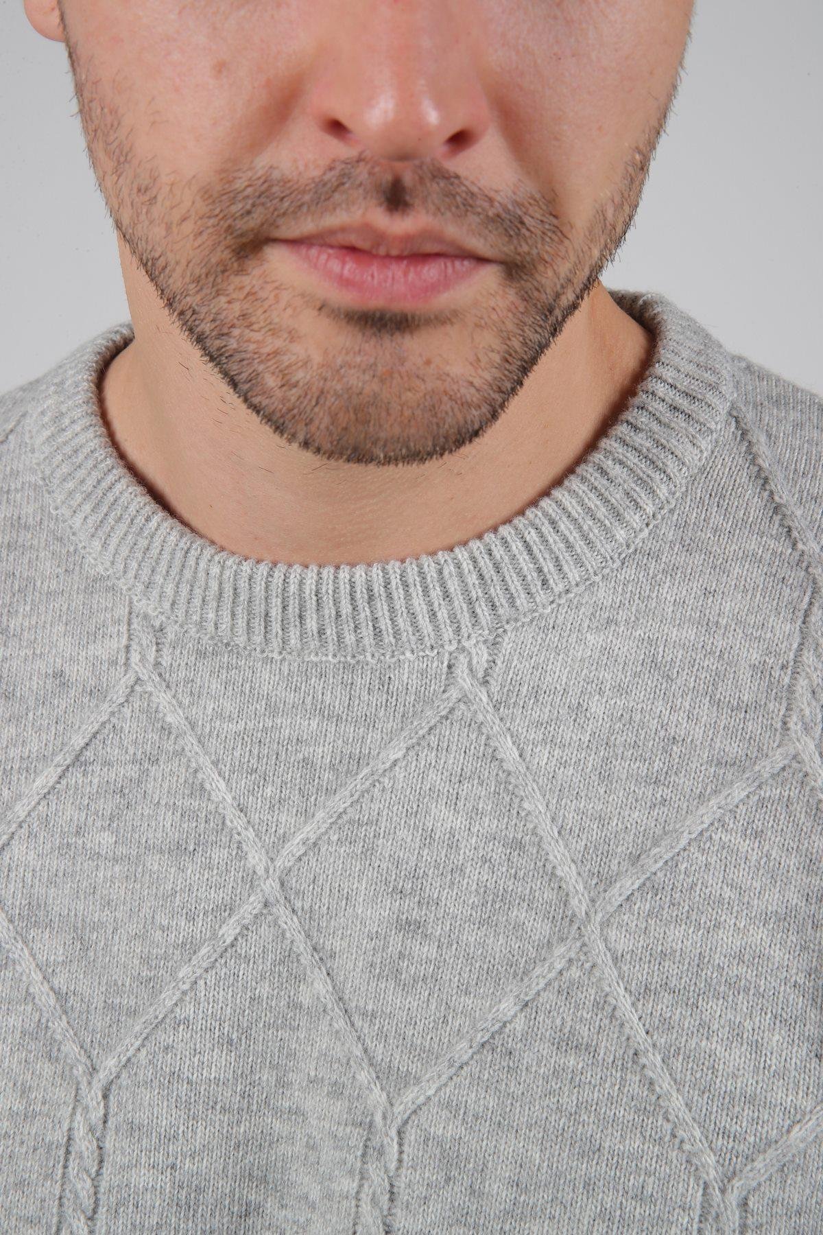 Ferraro A.Gri Bisiklet Yaka Kabartmalı Petek Desenli Uzun Kollu %100 Kuzu Yünü Erkek Triko Kazak