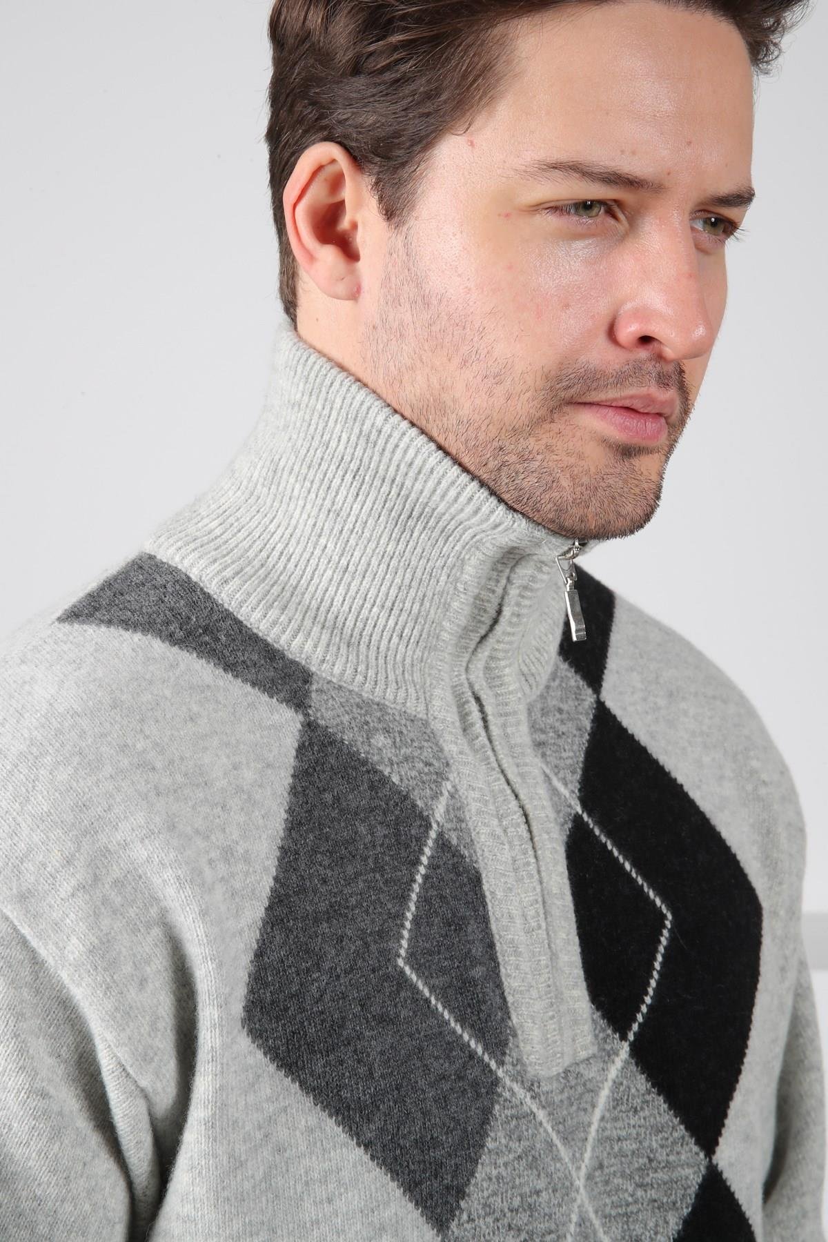 Ferraro A.Gri/Füme Balıkçı Yaka Fermuarlı Geometrik Zigzag Desenli Uzun Kollu %100 Kuzu Yünü Erkek Triko Kazak