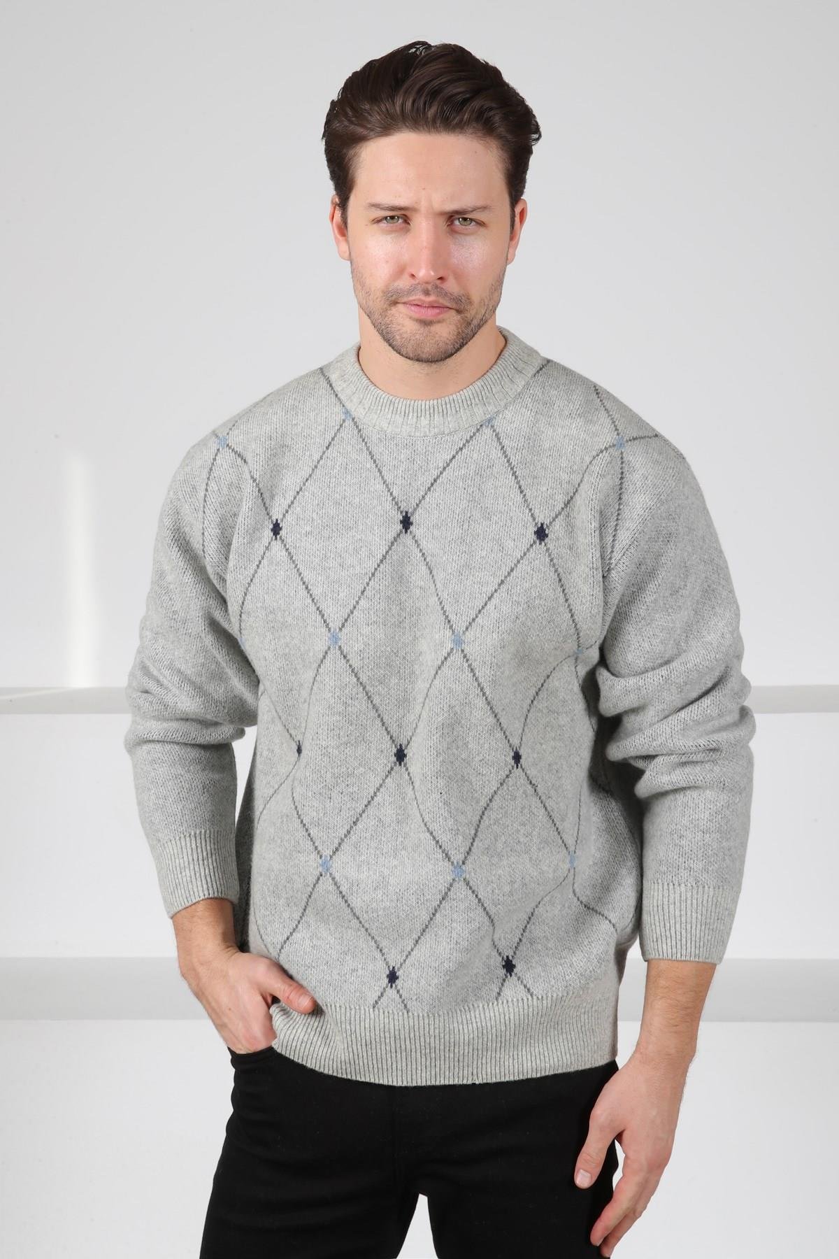 Ferraro A.Gri Bisiklet Yaka Geometrik Baklava Desenli Uzun Kollu %100 Kuzu Yünü Erkek Triko Kazak