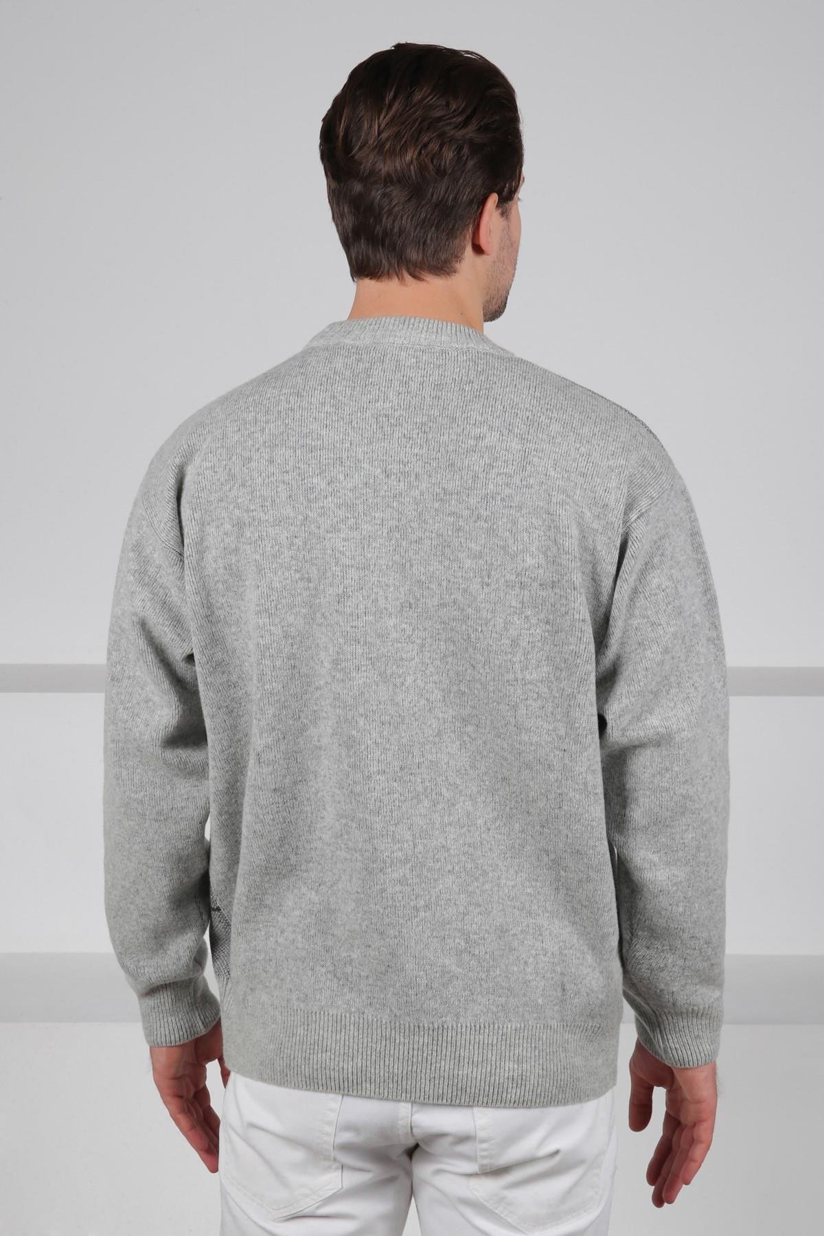 Ferraro A.Gri Bisiklet Yaka Düz Önü Çizgi Detaylı Uzun Kollu %100 Kuzu Yünü Erkek Triko Kazak