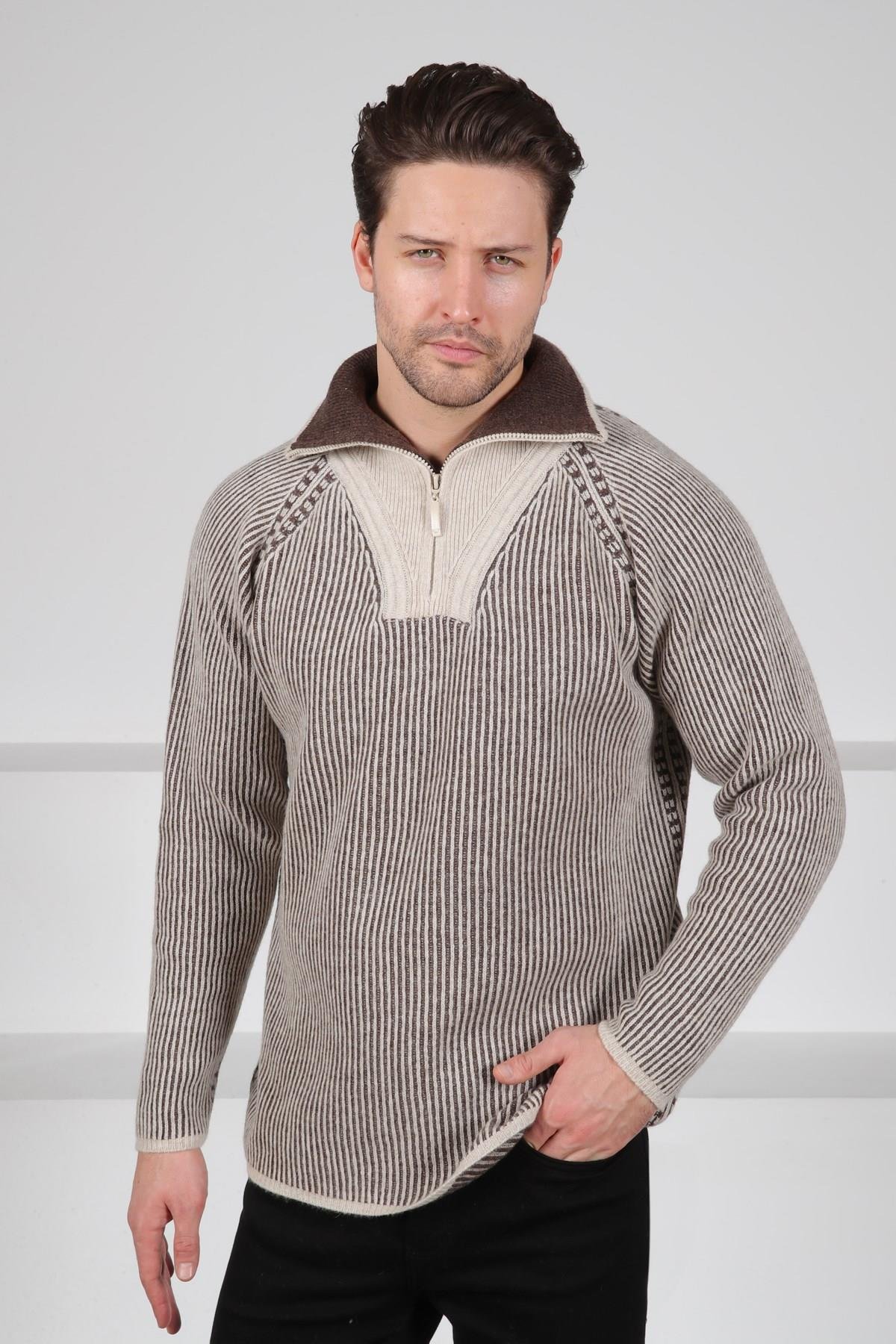 Ferraro A.Bej Balıkçı Yaka Fermuarlı Çizgili Uzun Kollu Kuzu Yünü Karışımlı Erkek Triko Kazak