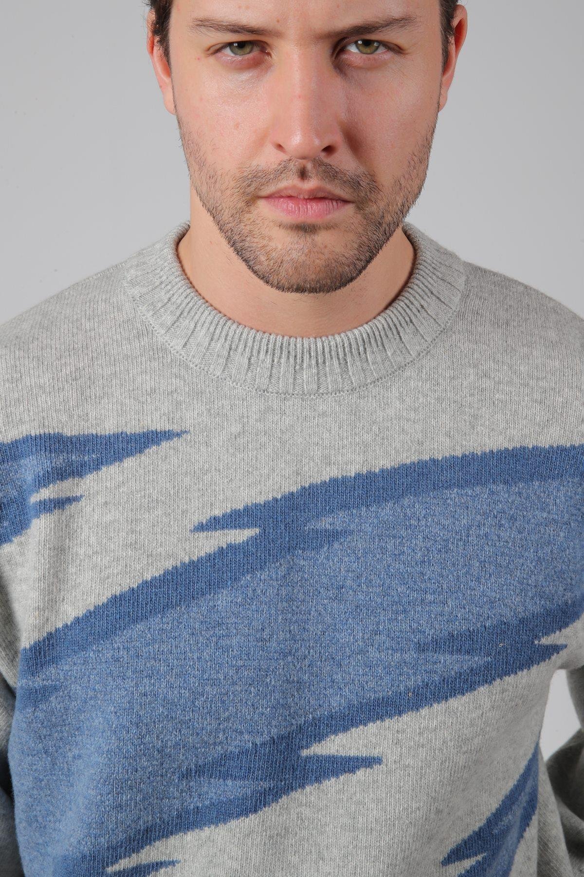 Ferraro A.Gri/Havacı Bisiklet Yaka Renk Bloklu Uzun Kollu %100 Kuzu Yünü Erkek Triko Kazak