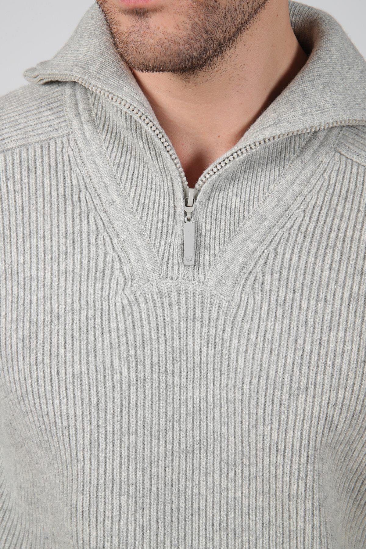 Ferraro A.Gri Balıkçı Yaka Fermuarlı Fitilli Uzun Kollu %100 Kuzu Yünü Erkek Triko Kazak