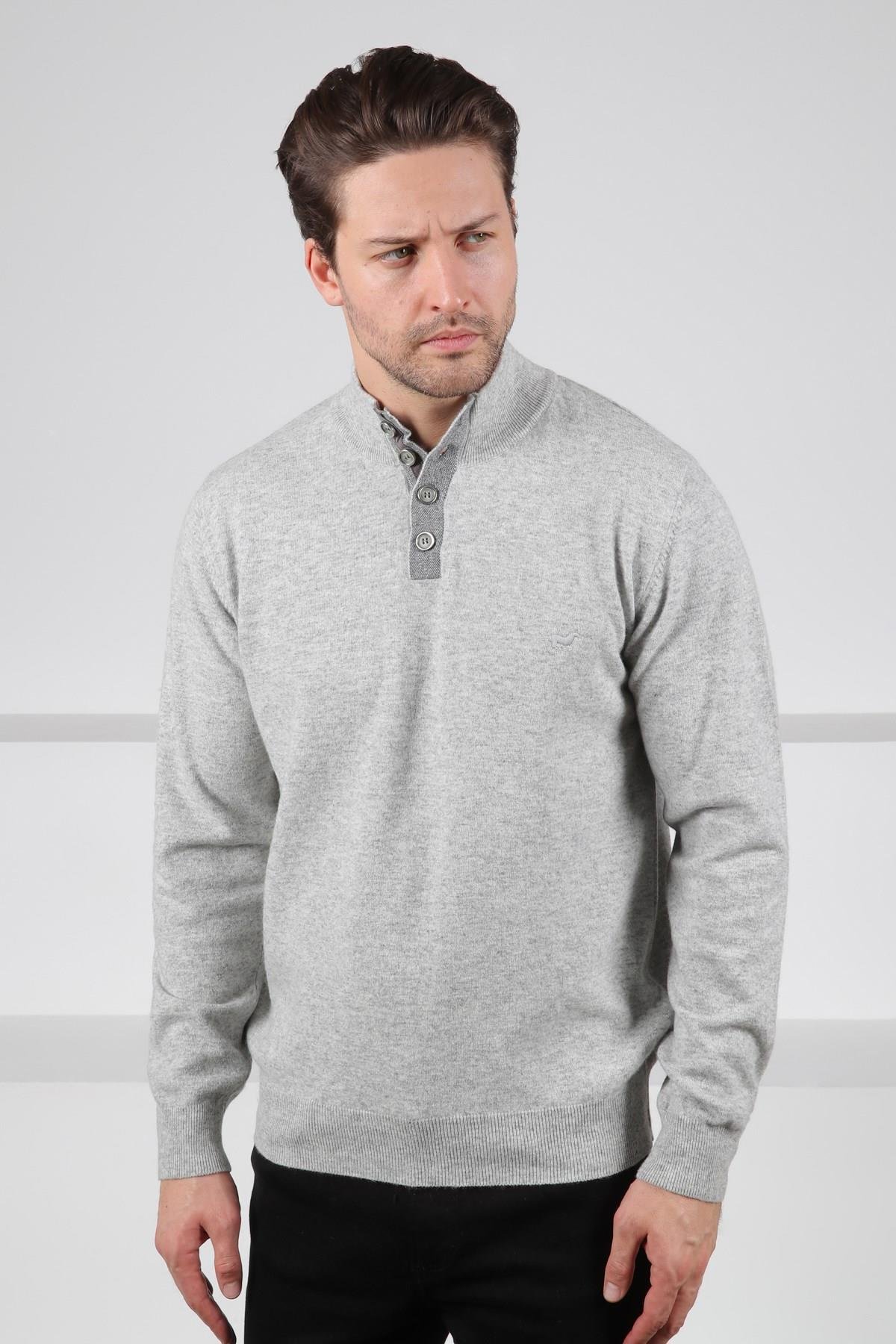 Ferraro A.Gri Düğmeli Yarım Balıkçı Yaka Uzun Kollu %100 Kuzu Yünü Erkek Triko Kazak