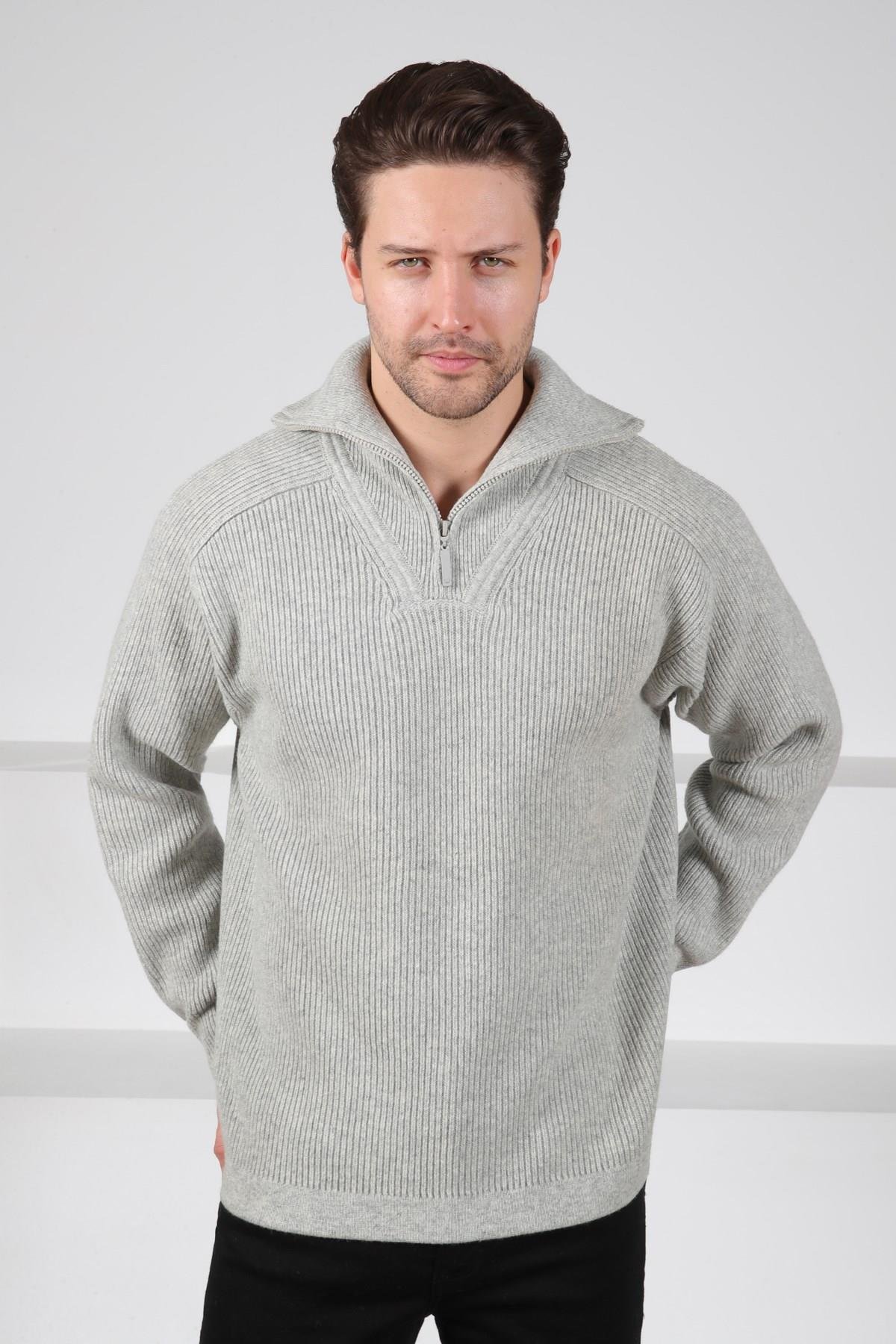 Ferraro A.Gri Balıkçı Yaka Fermuarlı Fitilli Uzun Kollu %100 Kuzu Yünü Erkek Triko Kazak