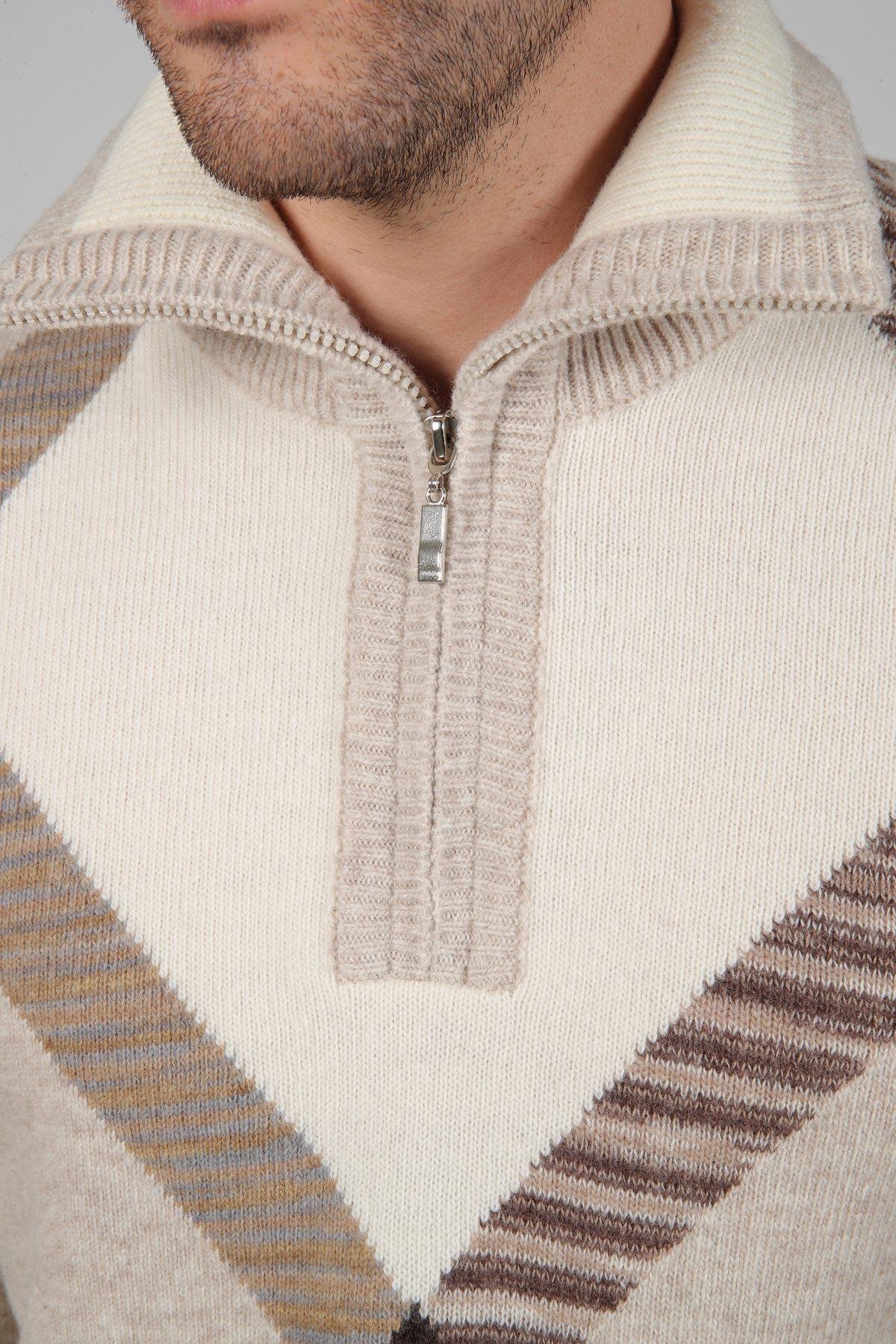 Ferraro A.Bej Balıkçı Yaka Fermuarlı Geometrik Desenli Uzun Kollu %100 Kuzu Yünü Erkek Triko Kazak