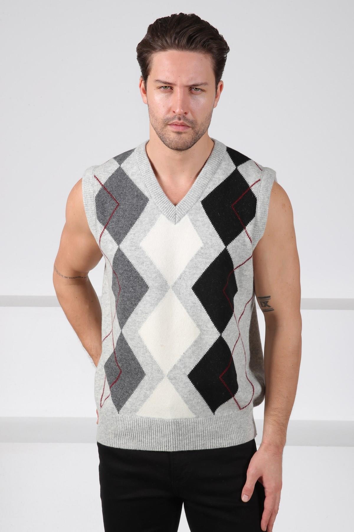 Ferraro A.Gri Baklava Desenli V Yaka %100 Kuzu Yünü Erkek Triko Süveter
