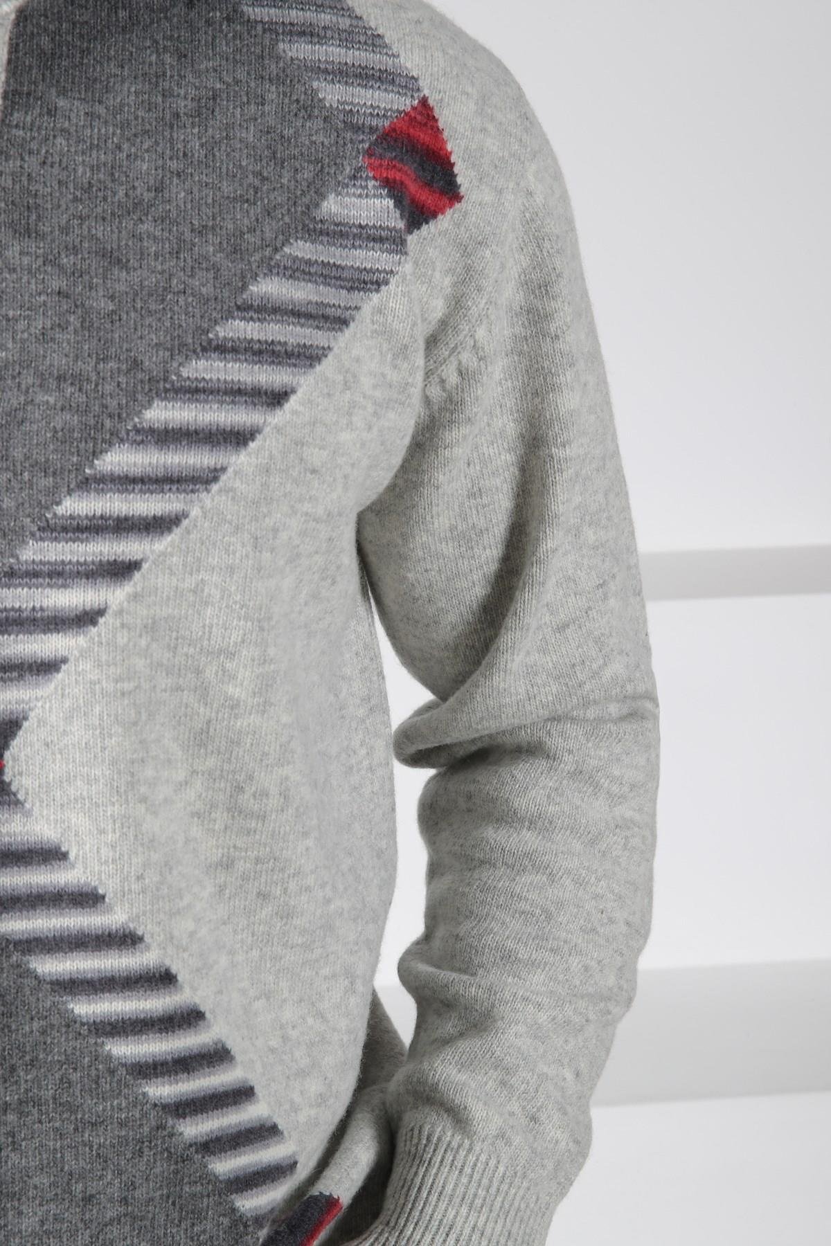 Ferraro A.Gri Balıkçı Yaka Fermuarlı Geometrik Desenli Uzun Kollu %100 Kuzu Yünü Erkek Triko Kazak