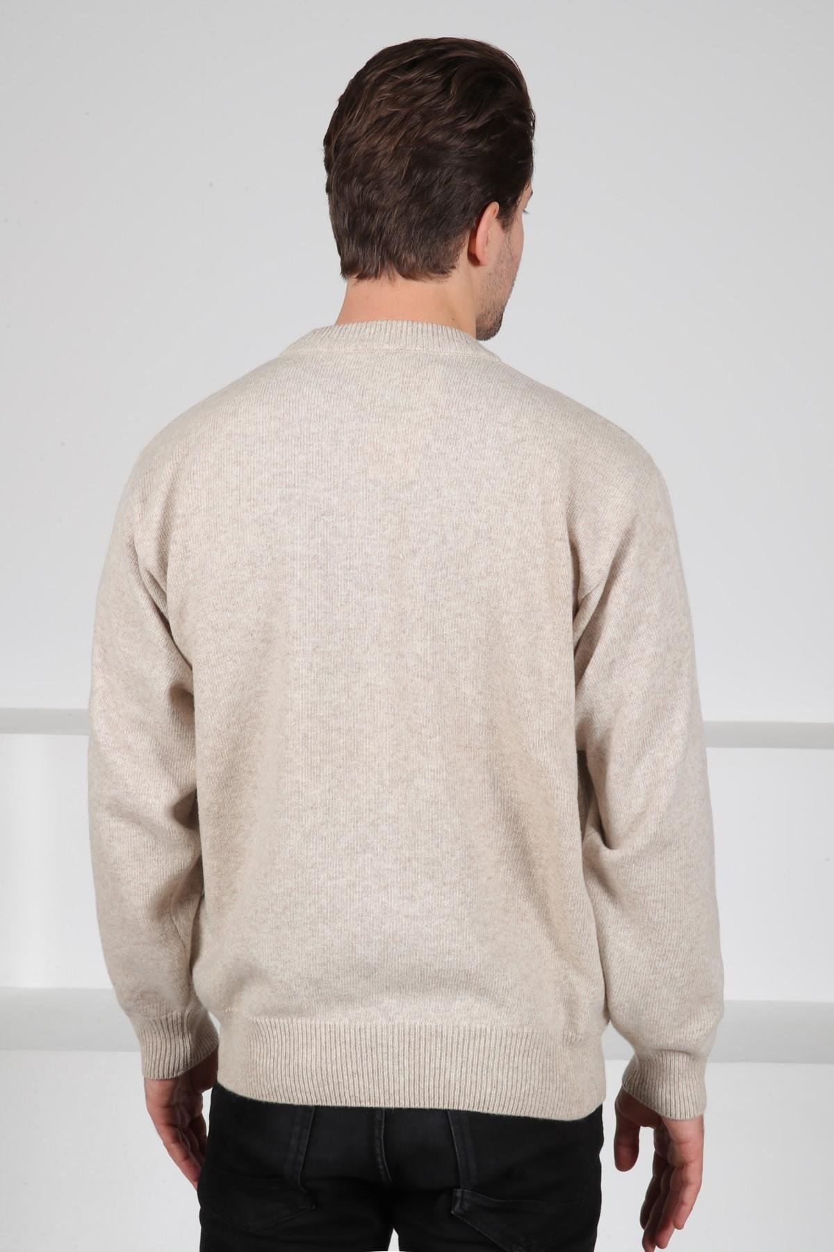 Ferraro A.Bej Bisiklet Yaka Çizgi Detaylı Uzun Kollu %100 Kuzu Yünü Erkek Triko Kazak