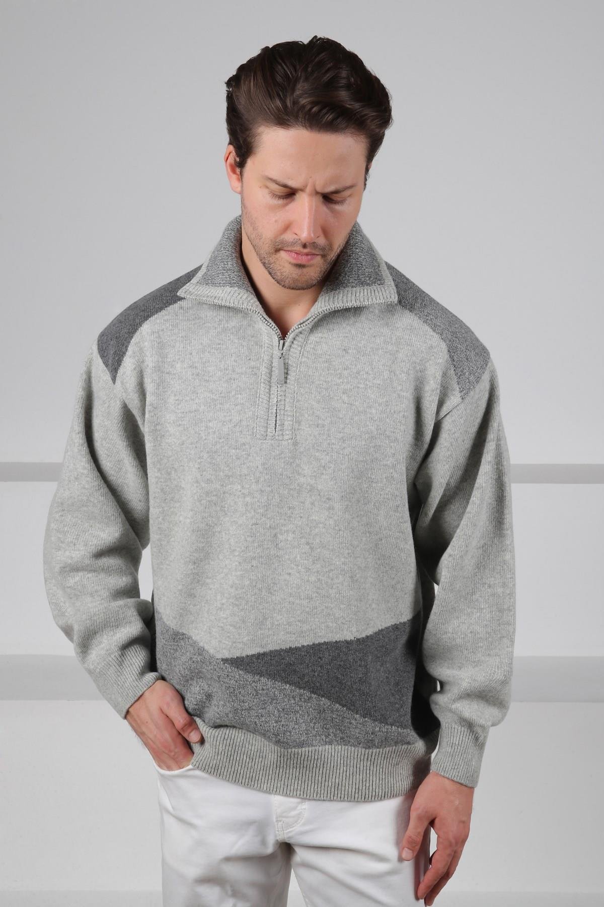 Ferraro A.Gri Balıkçı Yaka Fermuarlı OmuzLarı Renkli Uzun Kollu %100 Kuzu Yünü Erkek Triko Kazak