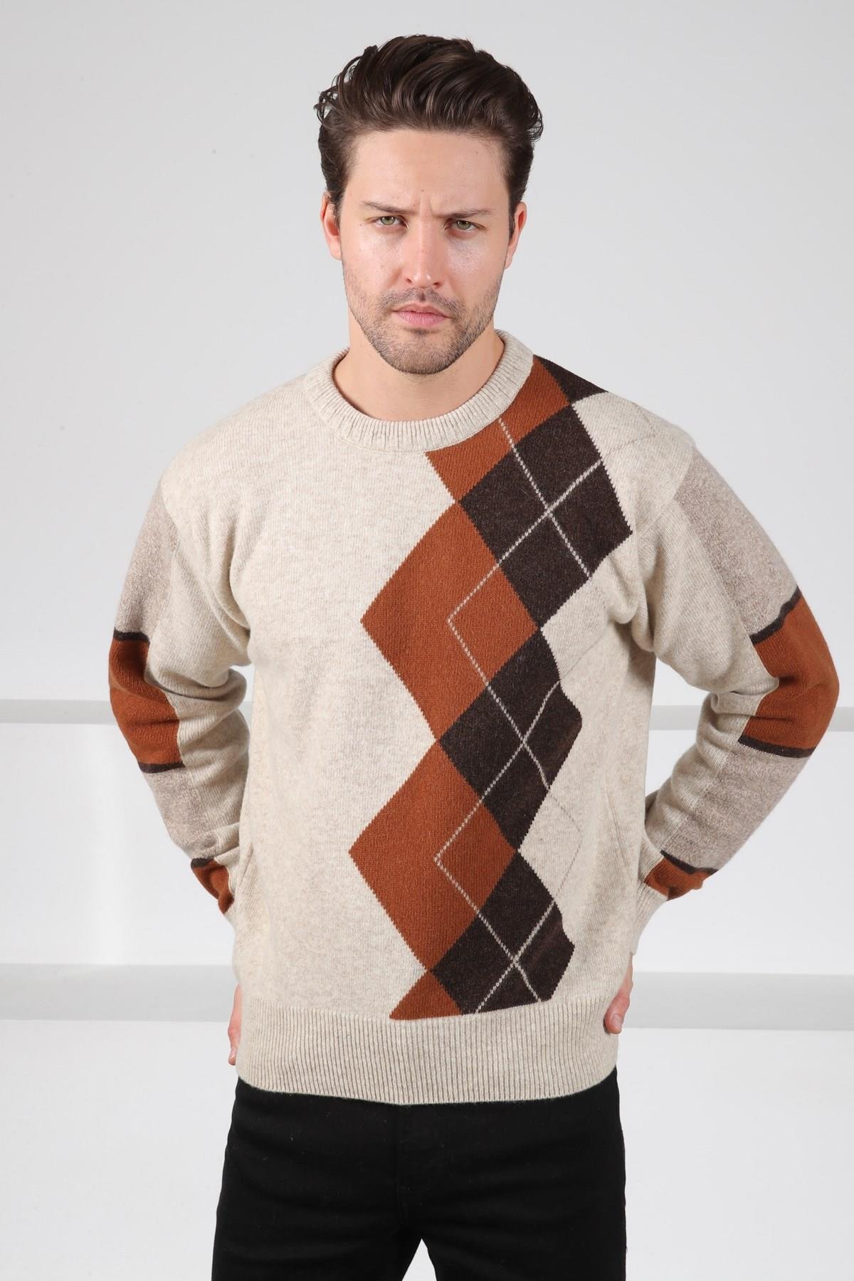 Ferraro A.Bej/Kahve Bisiklet Yaka Diyagonal Desenli Uzun Kollu %100 Kuzu Yünü Erkek Triko Kazak