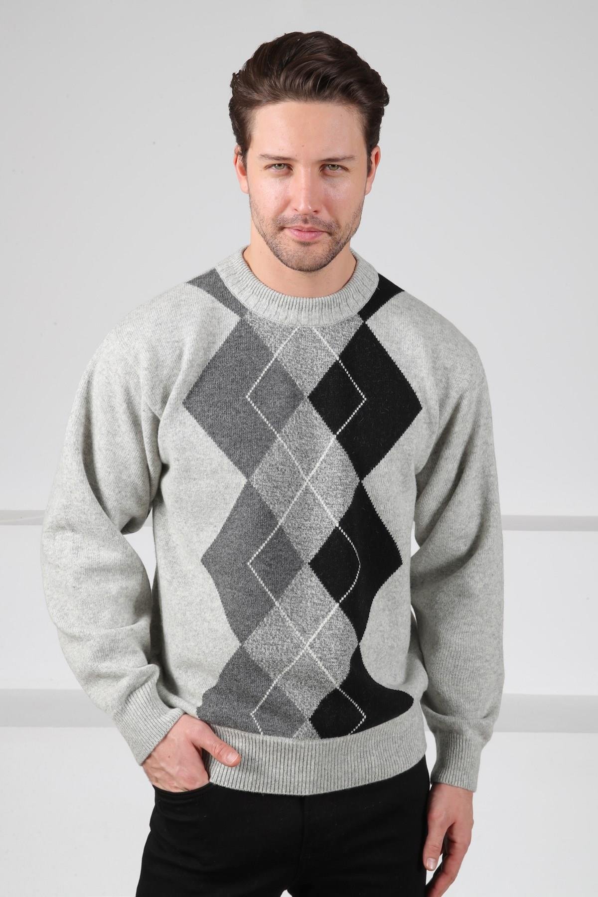 Ferraro A.Gri/Füme Bisiklet Yaka Geometrik Zigzag Desenli Uzun Kollu %100 Kuzu Yünü Erkek Triko Kazak