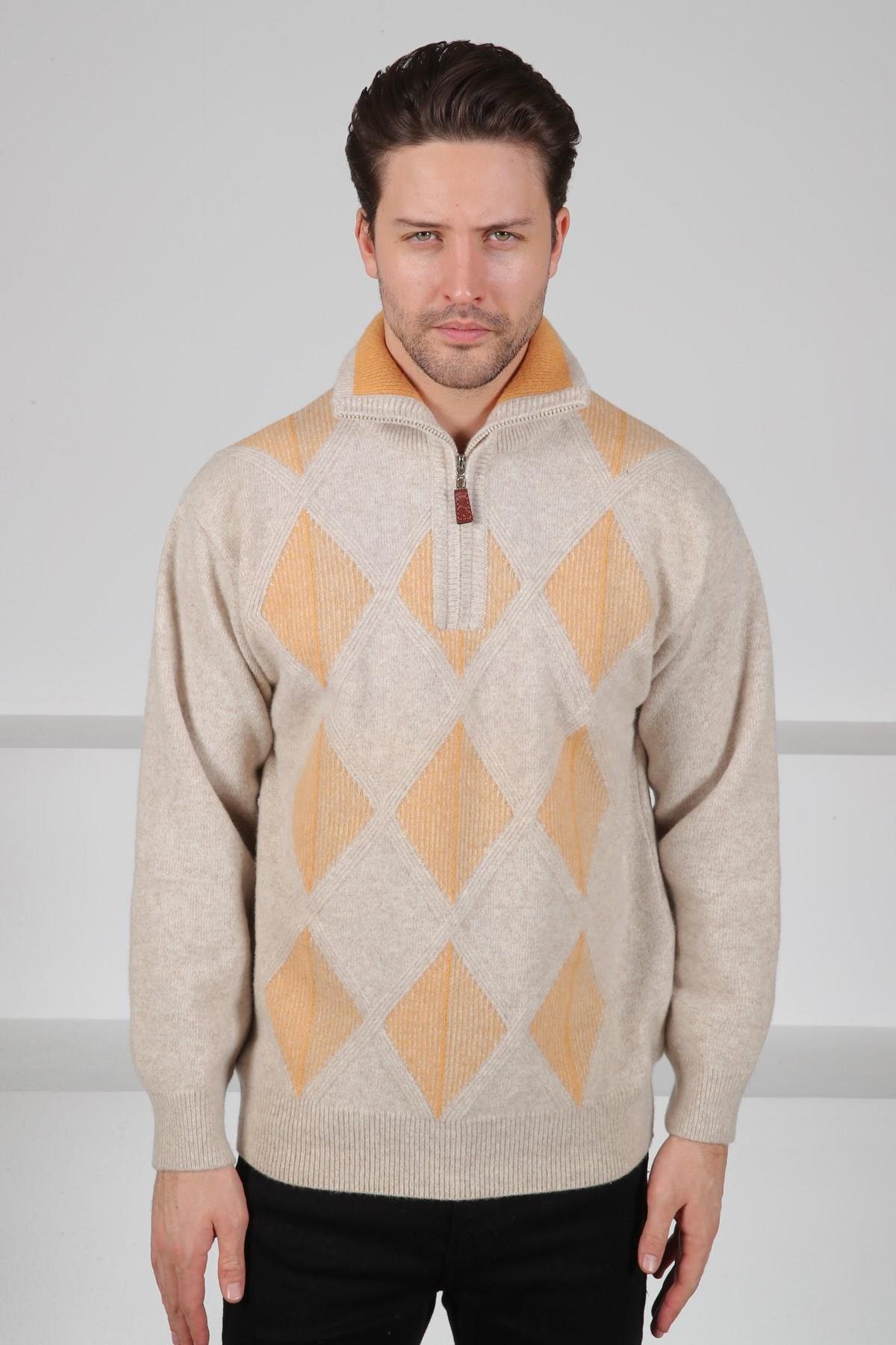 Ferraro A.Bej/Hardal Balıkçı Yaka Fermuarlı Baklava Desenli Uzun Kollu %100 Kuzu Yünü Erkek Triko Kazak