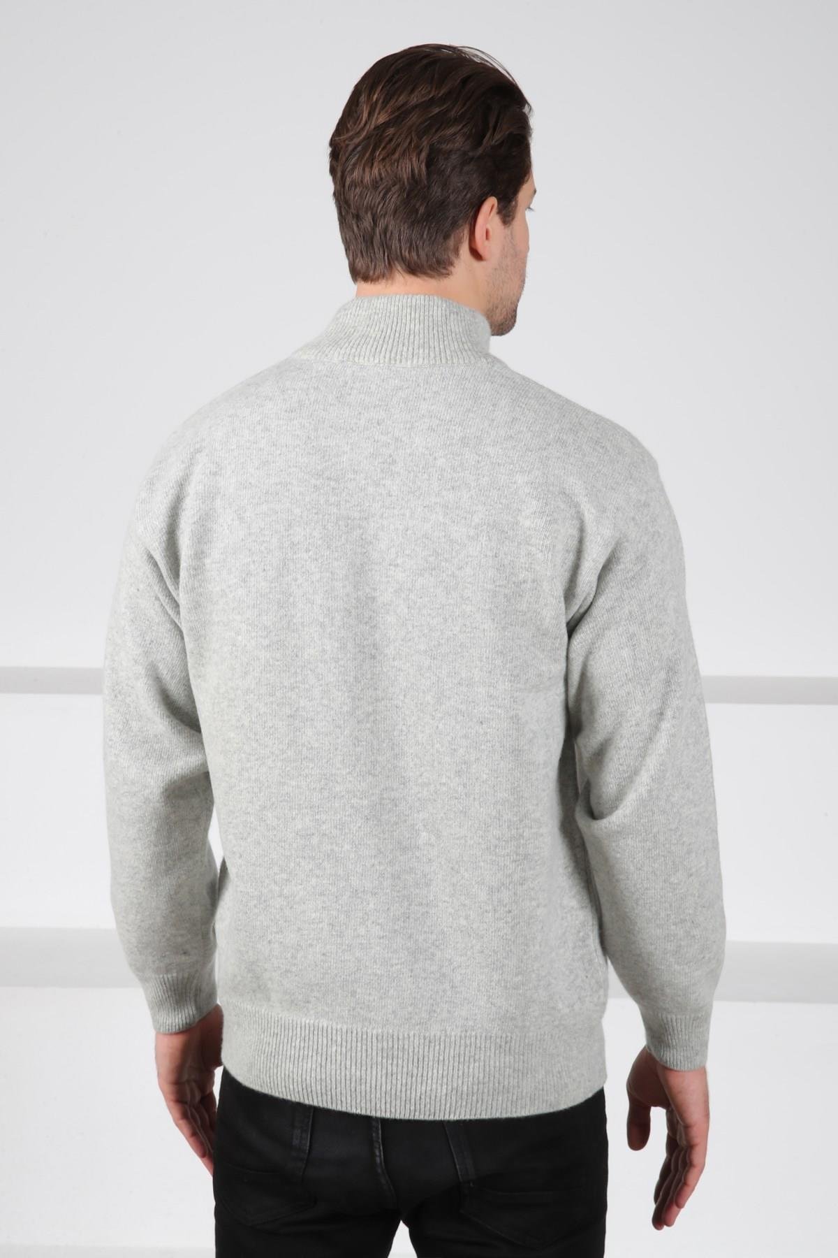 Ferraro A.Gri/Yeşil Balıkçı Yaka Fermuarlı Yeşil Siyah Desenli Uzun Kollu %100 Kuzu Yünü Erkek Triko Kazak