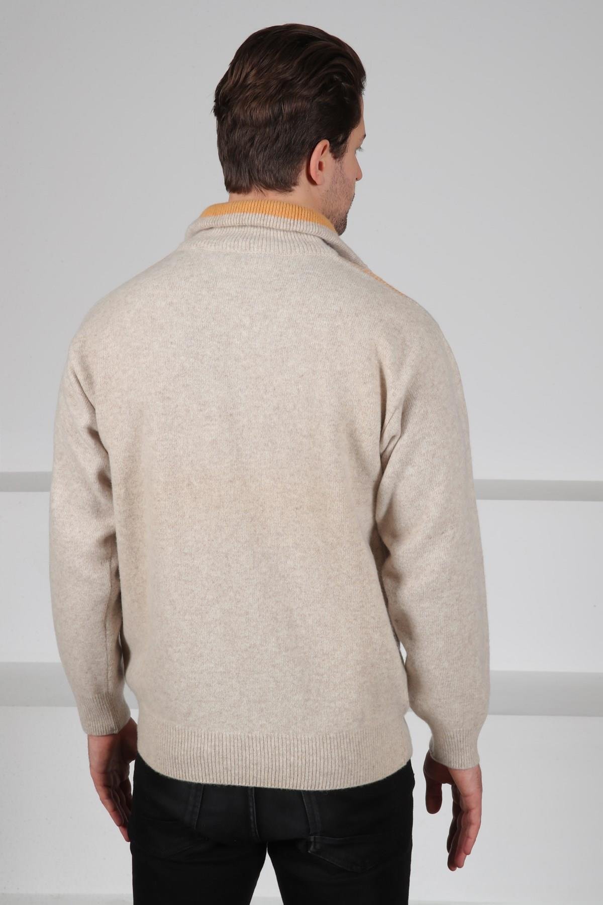 Ferraro A.Bej/Hardal Balıkçı Yaka Fermuarlı Baklava Desenli Uzun Kollu %100 Kuzu Yünü Erkek Triko Kazak