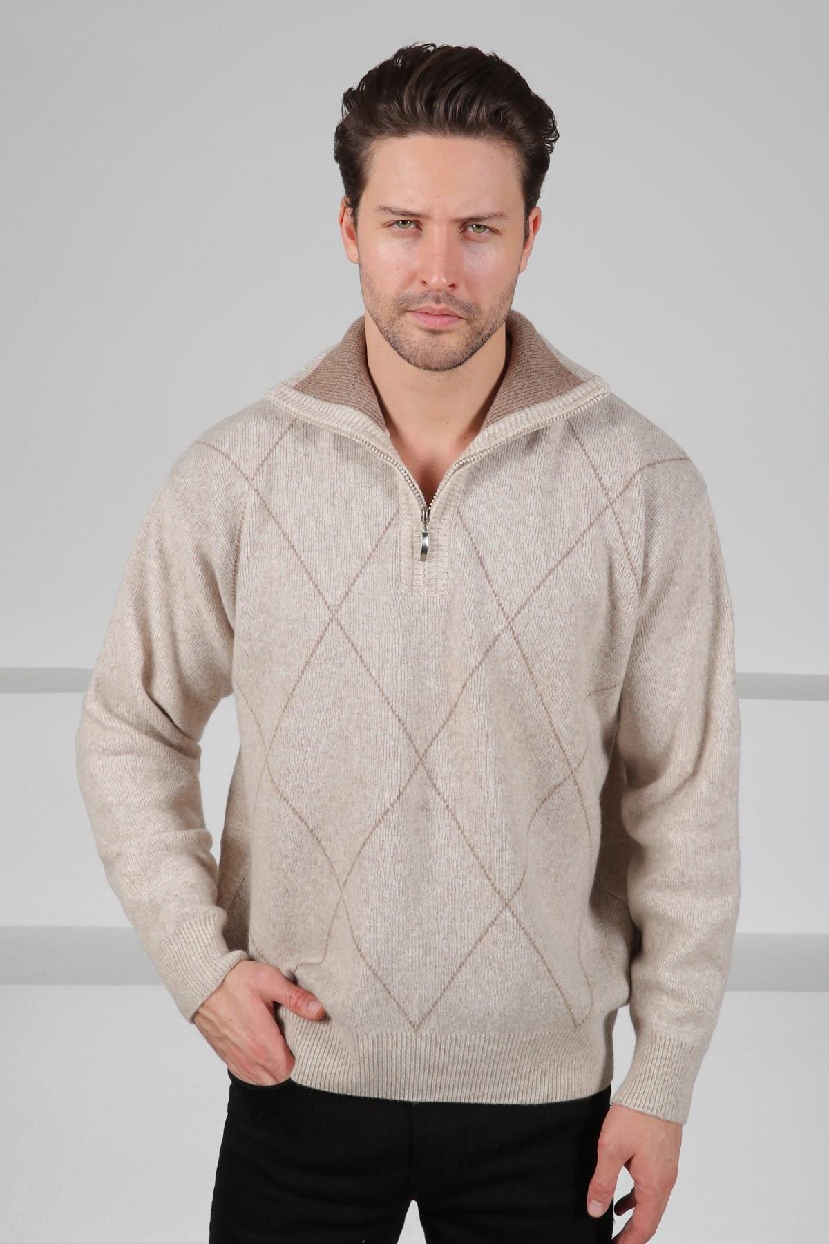 Ferraro A.Bej Balıkçı Yaka Fermuarlı Önü Çizgili Uzun Kollu %100 Kuzu Yünü Erkek Triko Kazak