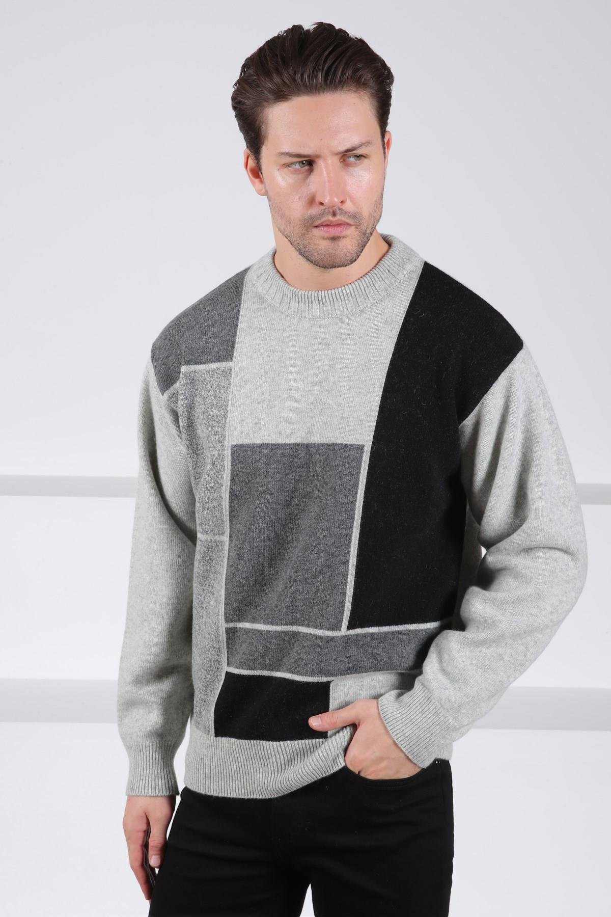 Ferraro A.Gri Bisiklet Yaka Renk Bloklu Uzun Kollu %100 Kuzu Yünü Erkek Triko Kazak