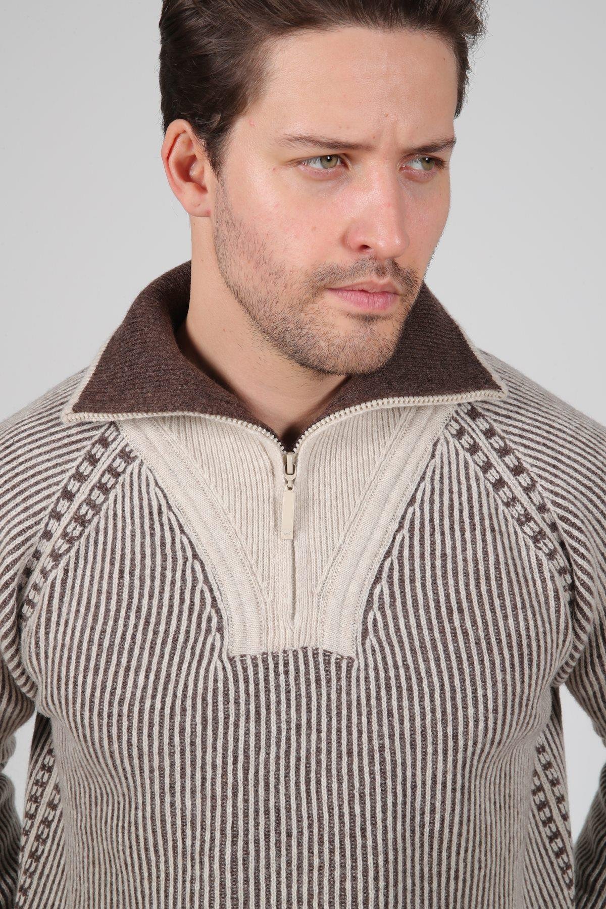 Ferraro A.Bej Balıkçı Yaka Fermuarlı Çizgili Uzun Kollu Kuzu Yünü Karışımlı Erkek Triko Kazak
