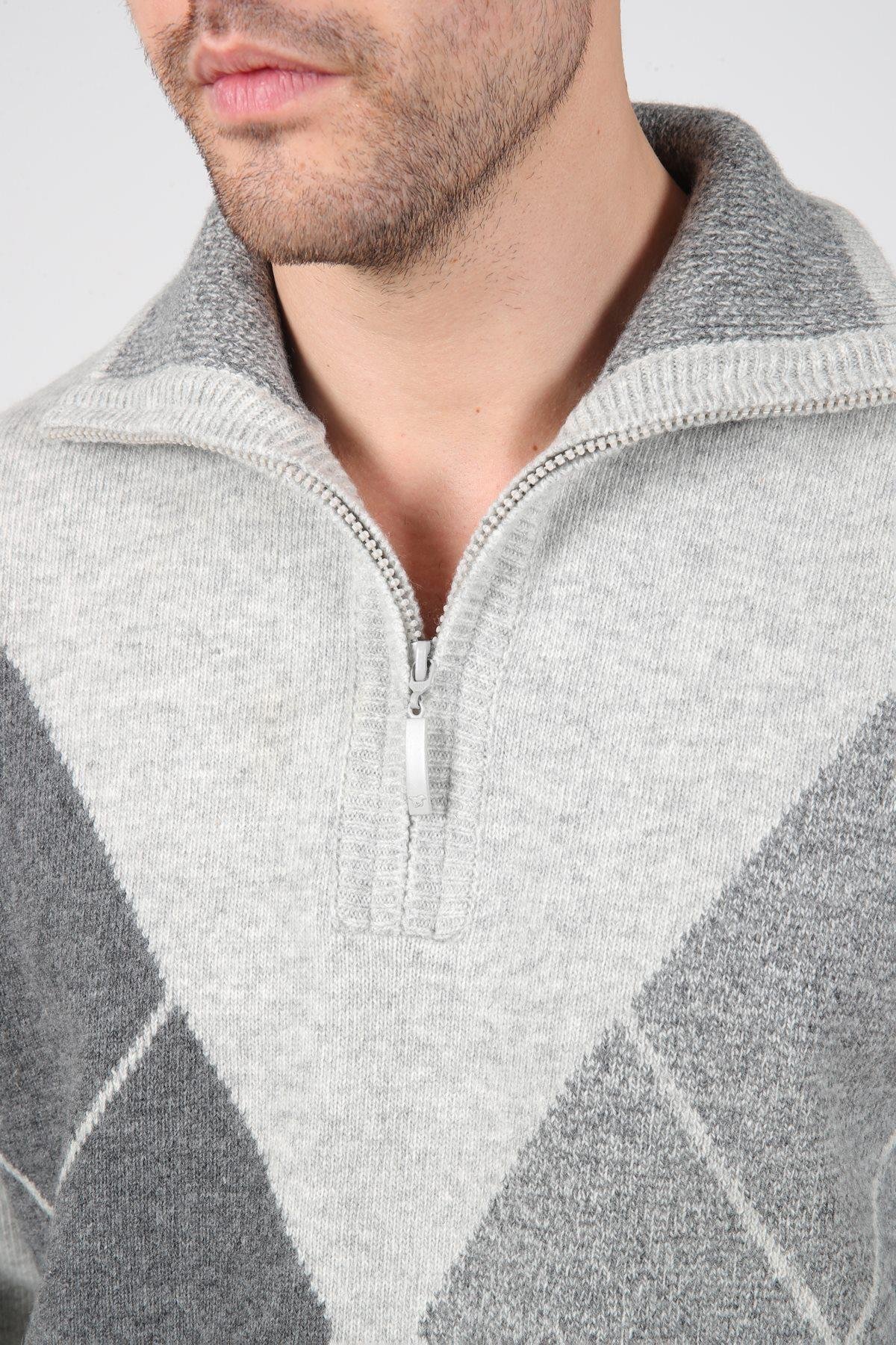 Ferraro A.Gri Balıkçı Yaka Fermuarlı Önü Baklava Desenli Uzun Kollu %100 Kuzu Yünü Erkek Triko Kazak