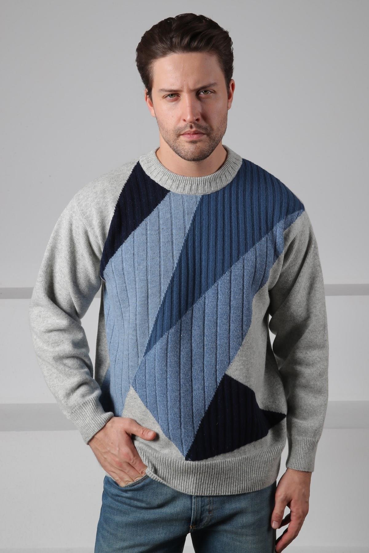 Ferraro A.Gri/Havacı Bisiklet Yaka Havacı ve İndigo Detaylı Uzun Kollu %100 Kuzu Yünü Erkek Triko Kazak