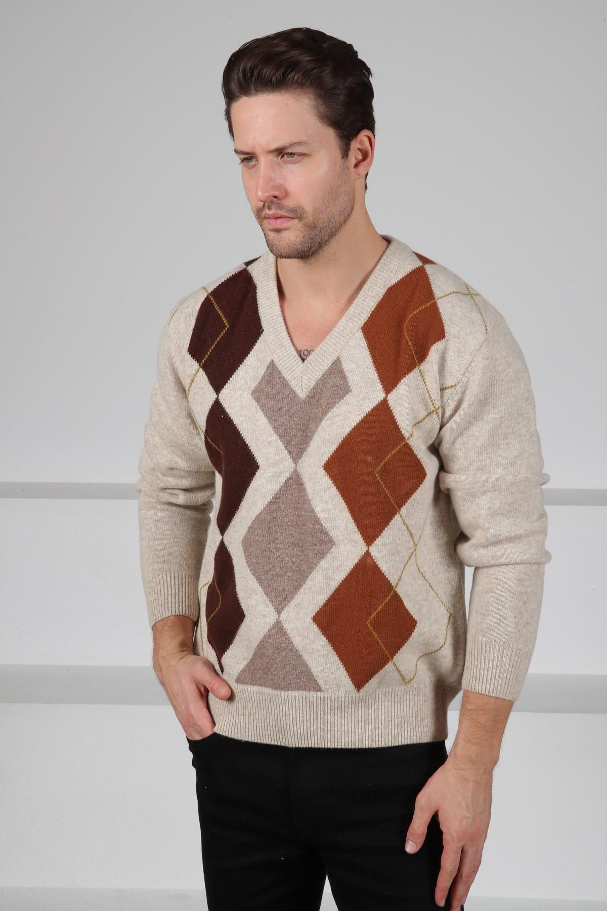 Ferraro A.Bej Baklava Desenli V Yaka Uzun Kollu %100 Kuzu Yünü Erkek Triko Kazak