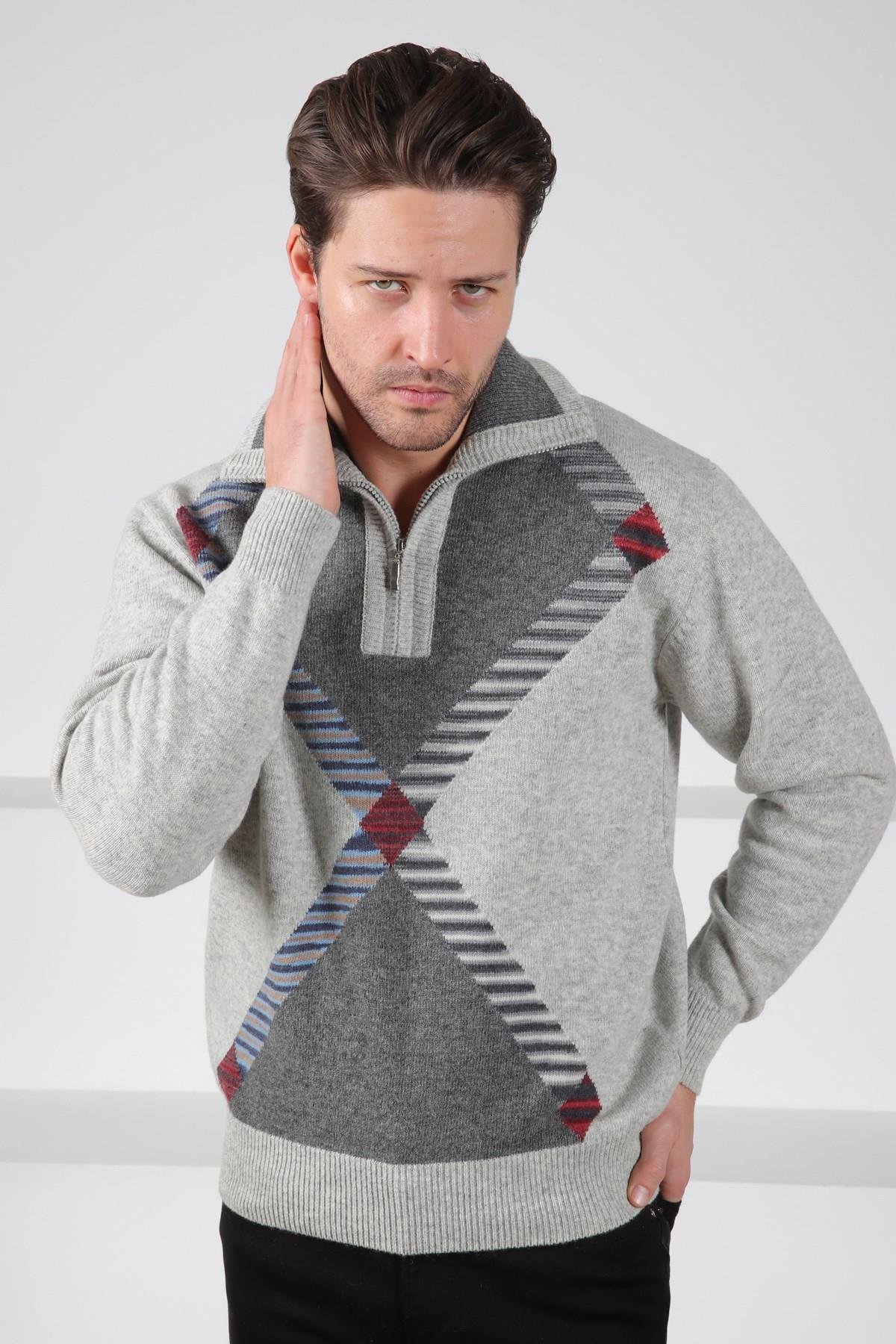 Ferraro A.Gri Balıkçı Yaka Fermuarlı Geometrik Desenli Uzun Kollu %100 Kuzu Yünü Erkek Triko Kazak