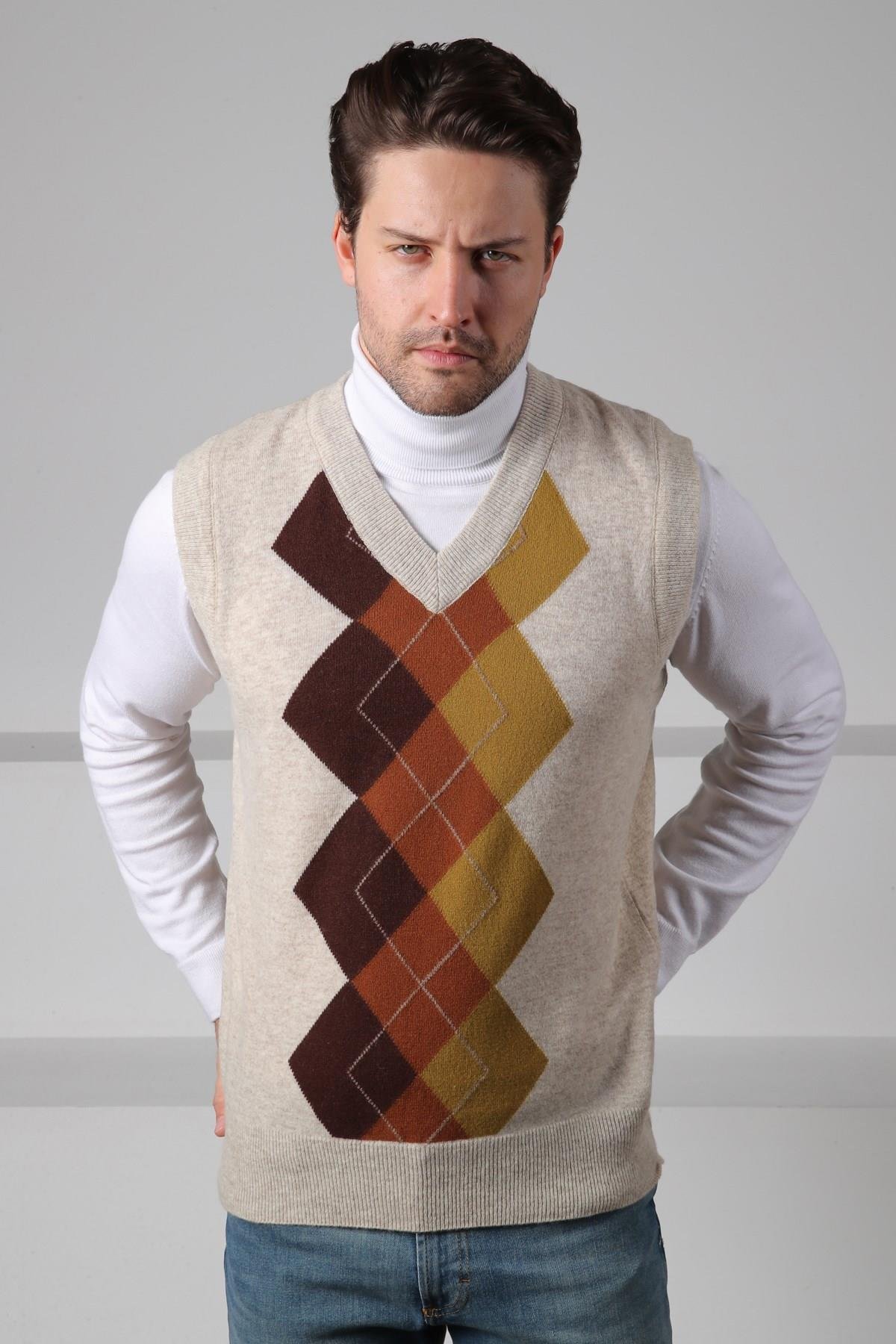Ferraro A.Bej/Kahve V Yaka Diyagonal Desenli Uzun Kollu %100 Kuzu Yünü Erkek Triko Süveter