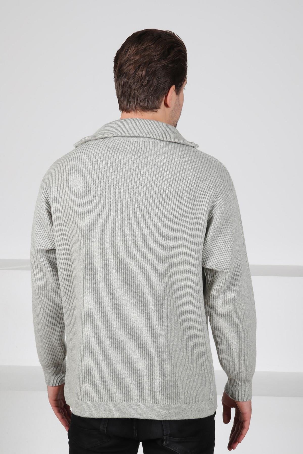 Ferraro A.Gri Balıkçı Yaka Fermuarlı Fitilli Uzun Kollu %100 Kuzu Yünü Erkek Triko Kazak