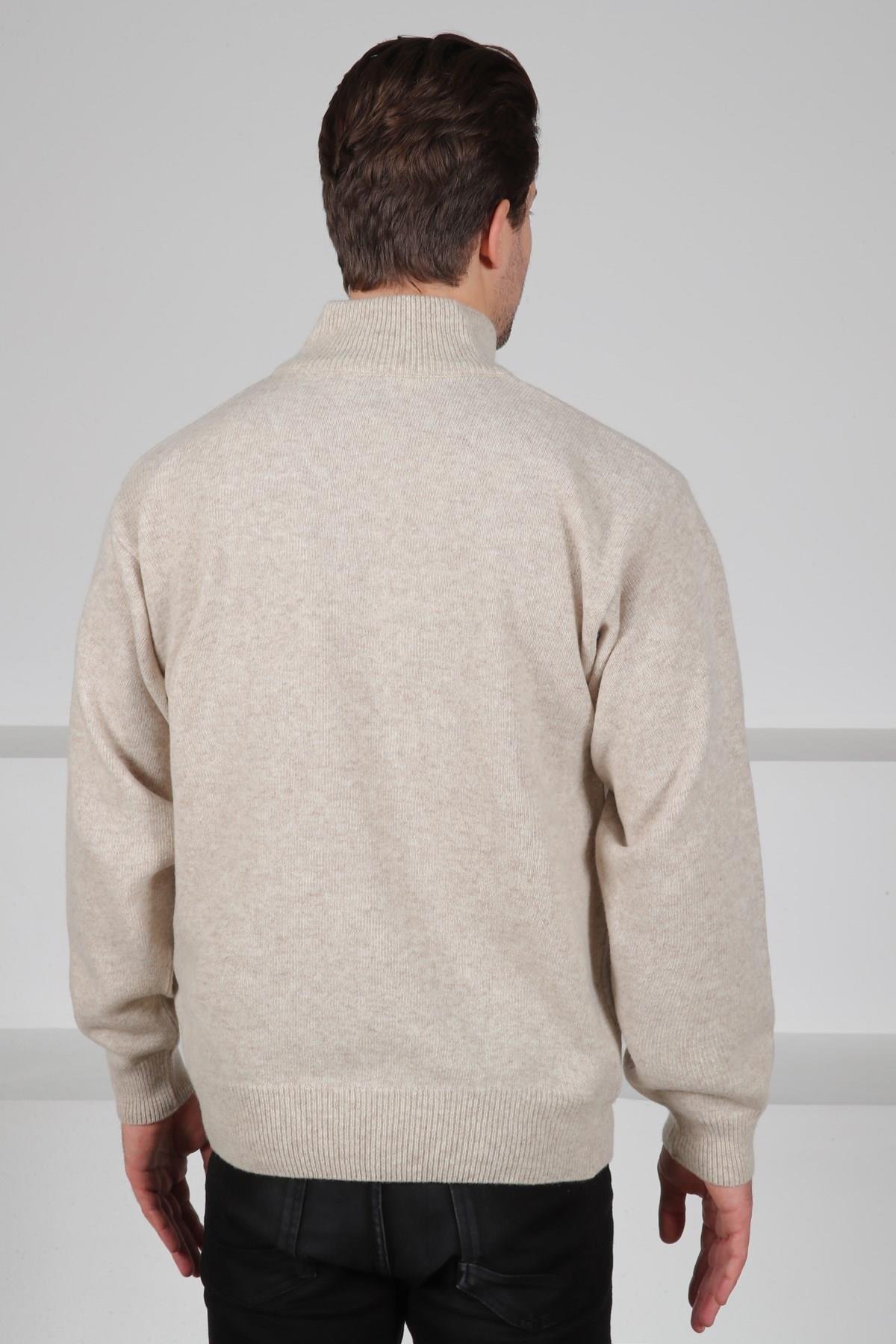 Ferraro A.Bej/Kahve Balıkçı Yaka Fermuarlı Kahve Bordo Desenli Uzun Kollu %100 Kuzu Yünü Erkek Triko Kazak