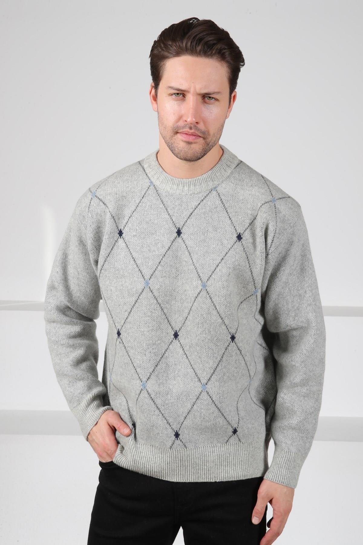 Ferraro A.Gri Bisiklet Yaka Geometrik Baklava Desenli Uzun Kollu %100 Kuzu Yünü Erkek Triko Kazak