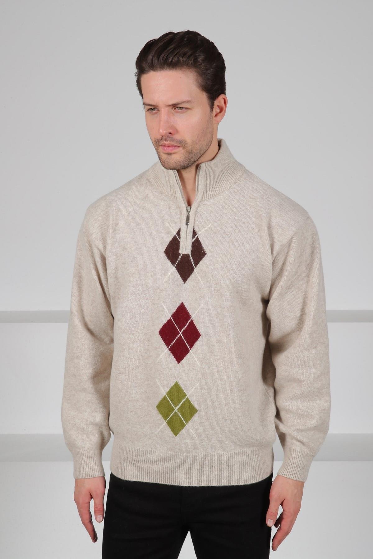 Ferraro A.Bej/Kahve Balıkçı Yaka Fermuarlı Kahve Bordo Desenli Uzun Kollu %100 Kuzu Yünü Erkek Triko Kazak