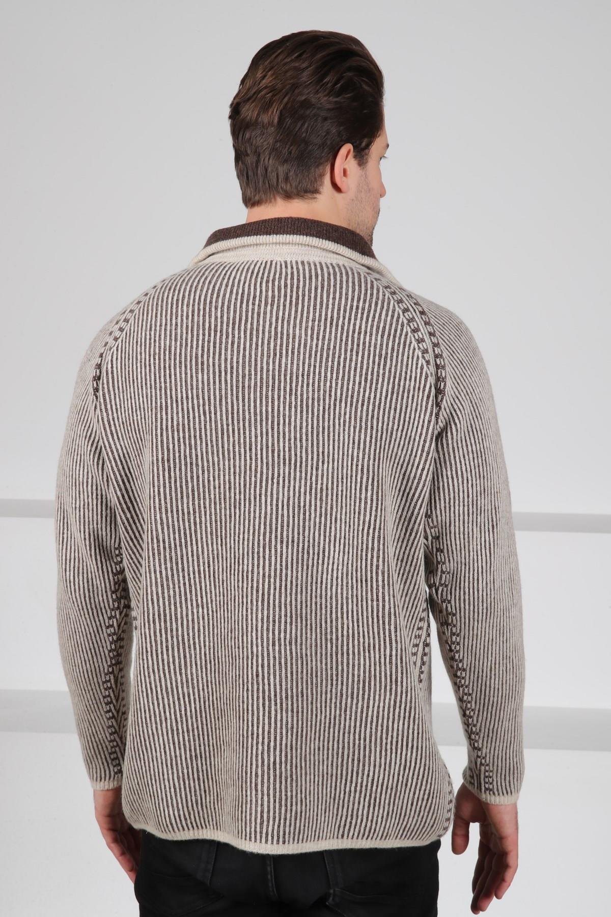 Ferraro A.Bej Balıkçı Yaka Fermuarlı Çizgili Uzun Kollu Kuzu Yünü Karışımlı Erkek Triko Kazak