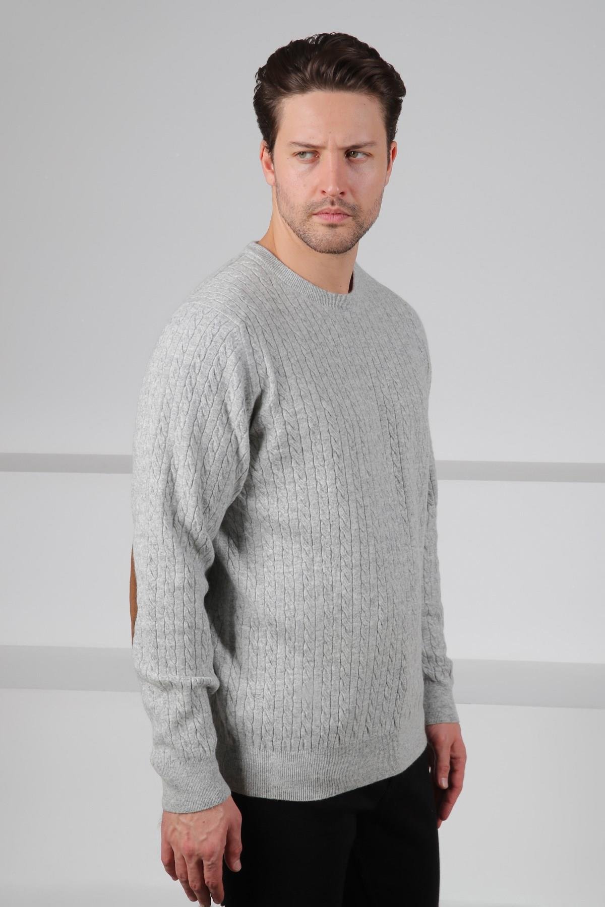 Ferraro A.Gri Bisiklet Yaka Kabartmalı Saç Örgü Desenli Uzun Kollu %100 Kuzu Yünü Erkek Triko Kazak