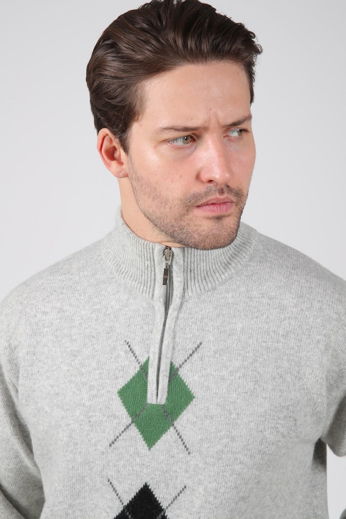 Ferraro A.Gri/Yeşil Balıkçı Yaka Fermuarlı Yeşil Siyah Desenli Uzun Kollu %100 Kuzu Yünü Erkek Triko Kazak