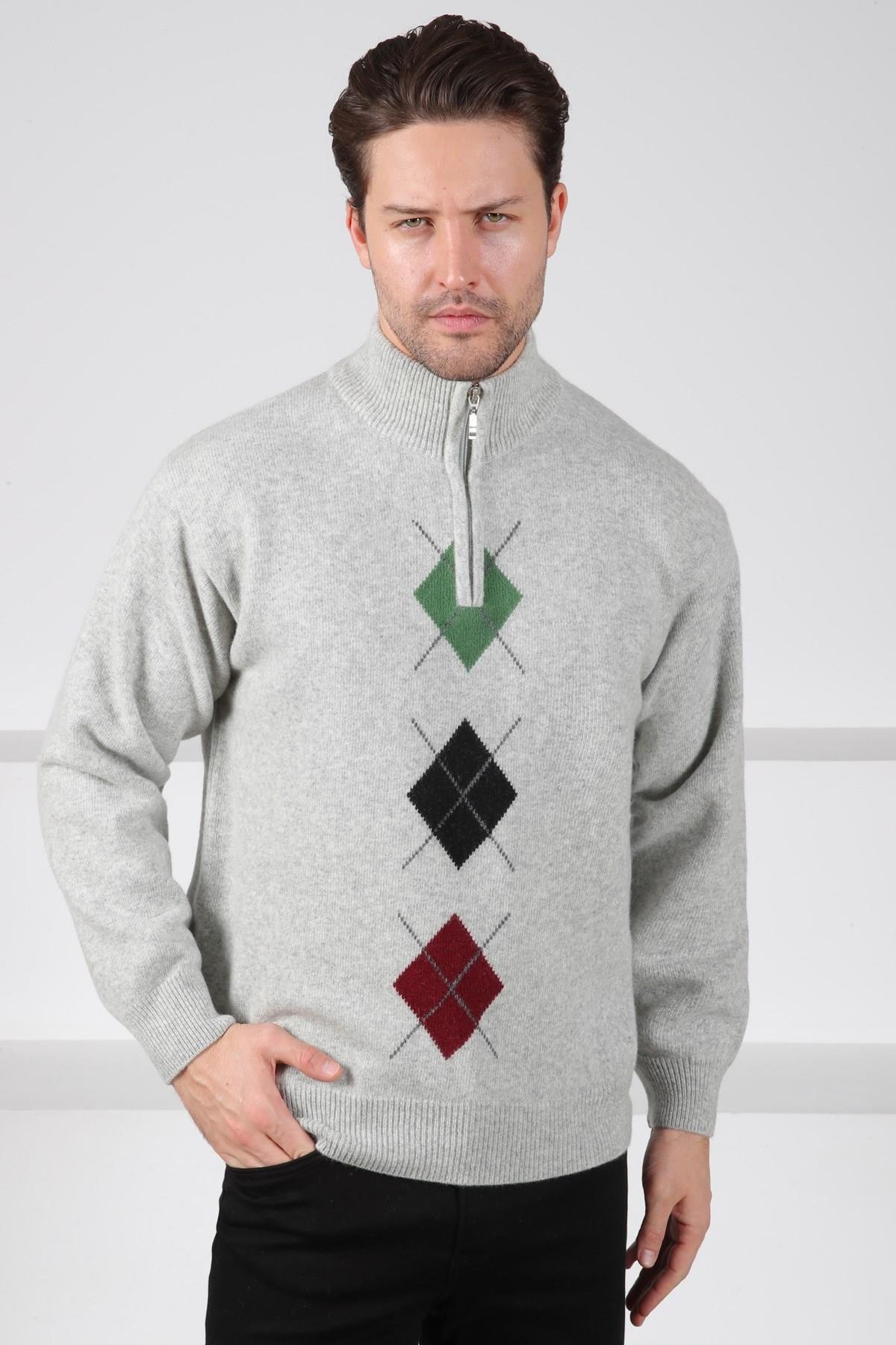 Ferraro A.Gri/Yeşil Balıkçı Yaka Fermuarlı Yeşil Siyah Desenli Uzun Kollu %100 Kuzu Yünü Erkek Triko Kazak