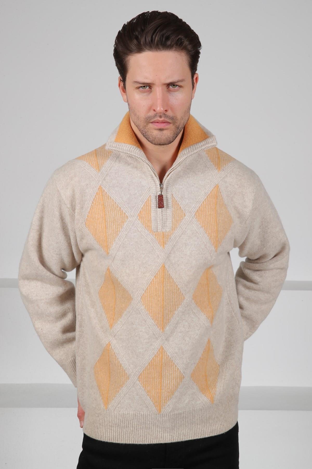 Ferraro A.Bej/Hardal Balıkçı Yaka Fermuarlı Baklava Desenli Uzun Kollu %100 Kuzu Yünü Erkek Triko Kazak