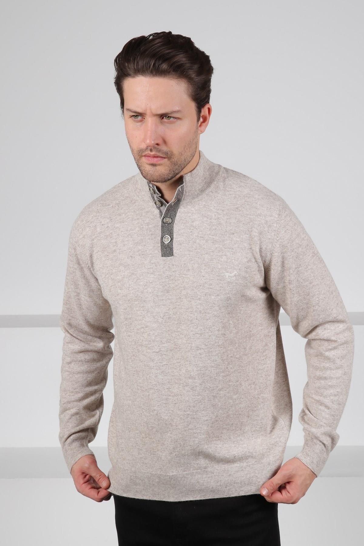 Ferraro A.Bej Düğmeli Yarım Balıkçı Yaka Uzun Kollu %100 Kuzu Yünü Erkek Triko Kazak