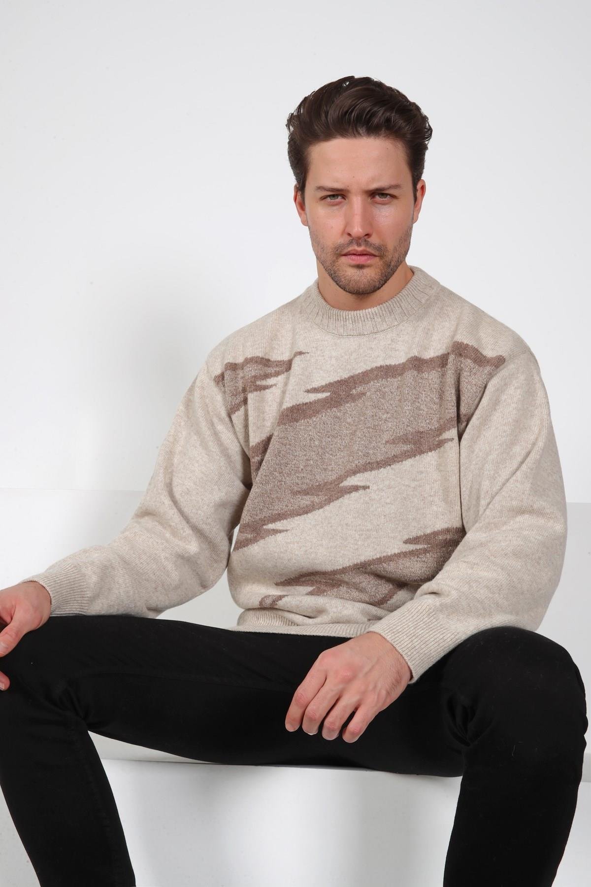 Ferraro A.Bej/Kahve Bisiklet Yaka Renk Bloklu Uzun Kollu %100 Kuzu Yünü Erkek Triko Kazak